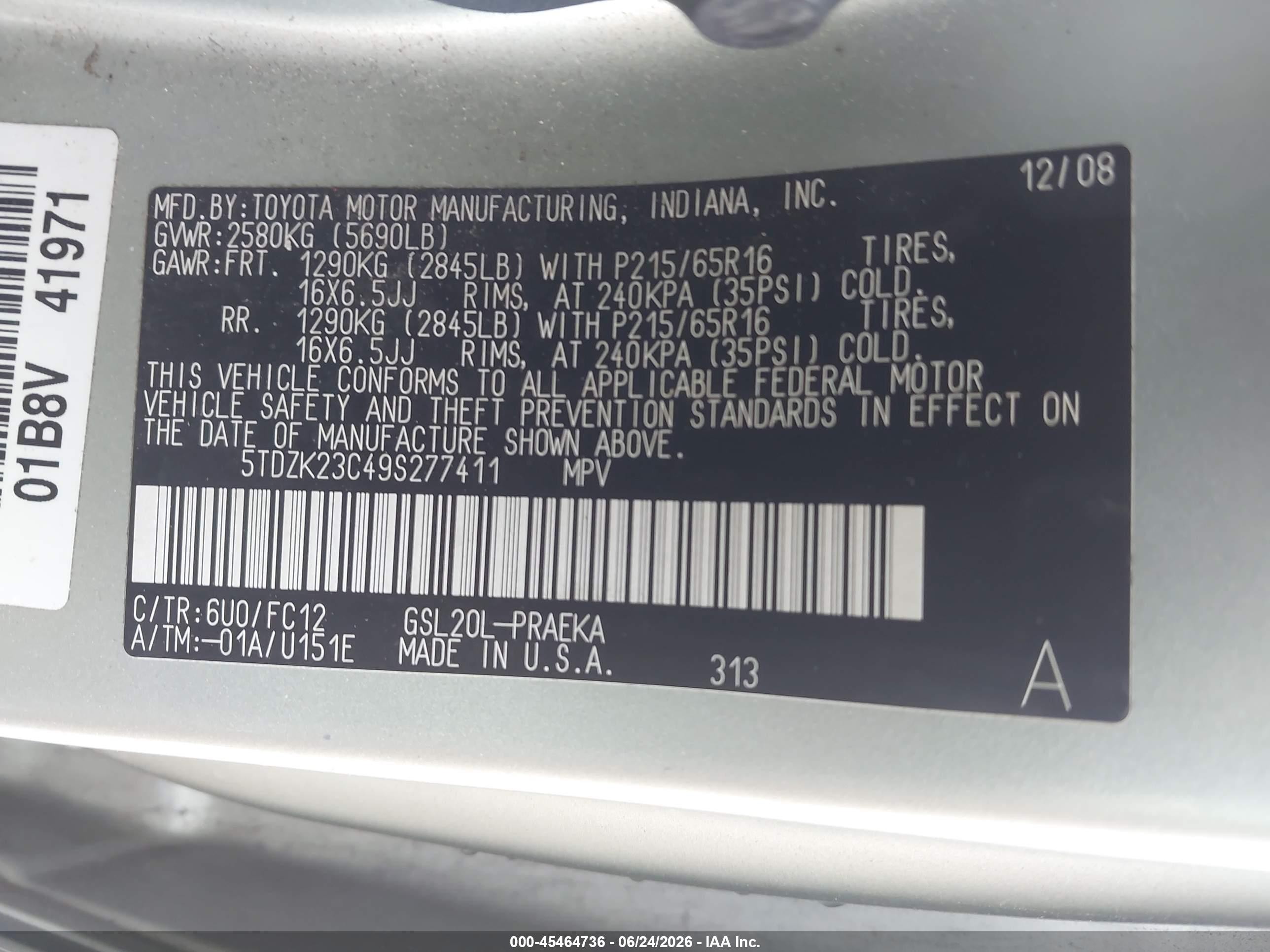 2009 Toyota Sienna Le Green vin: 5TDZK23C49S277411