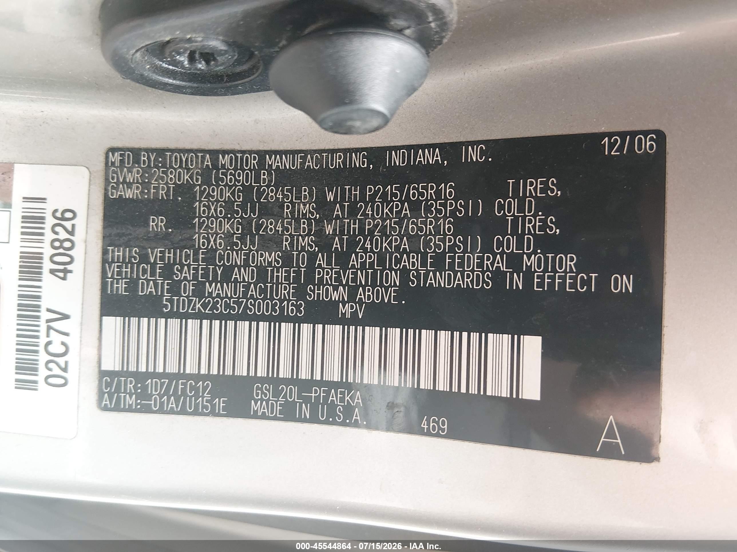 2007 Toyota Sienna Le Silver vin: 5TDZK23C57S003163