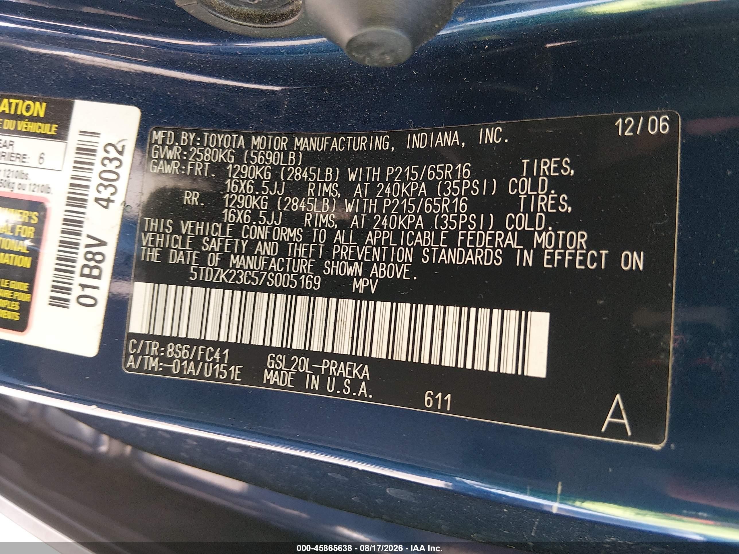 2007 Toyota Sienna Le Dark Blue vin: 5TDZK23C57S005169