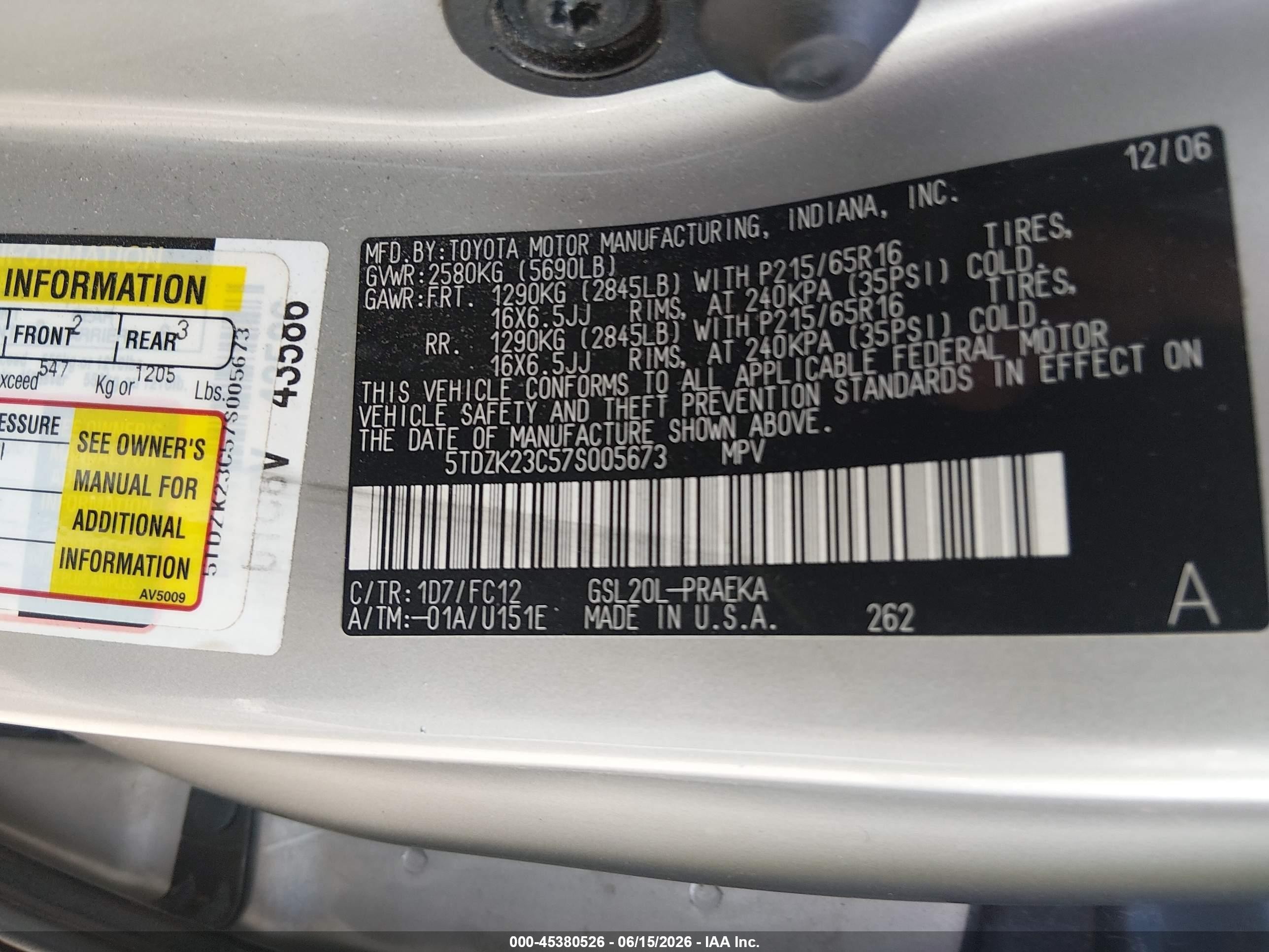 2007 Toyota Sienna Le Gold vin: 5TDZK23C57S005673