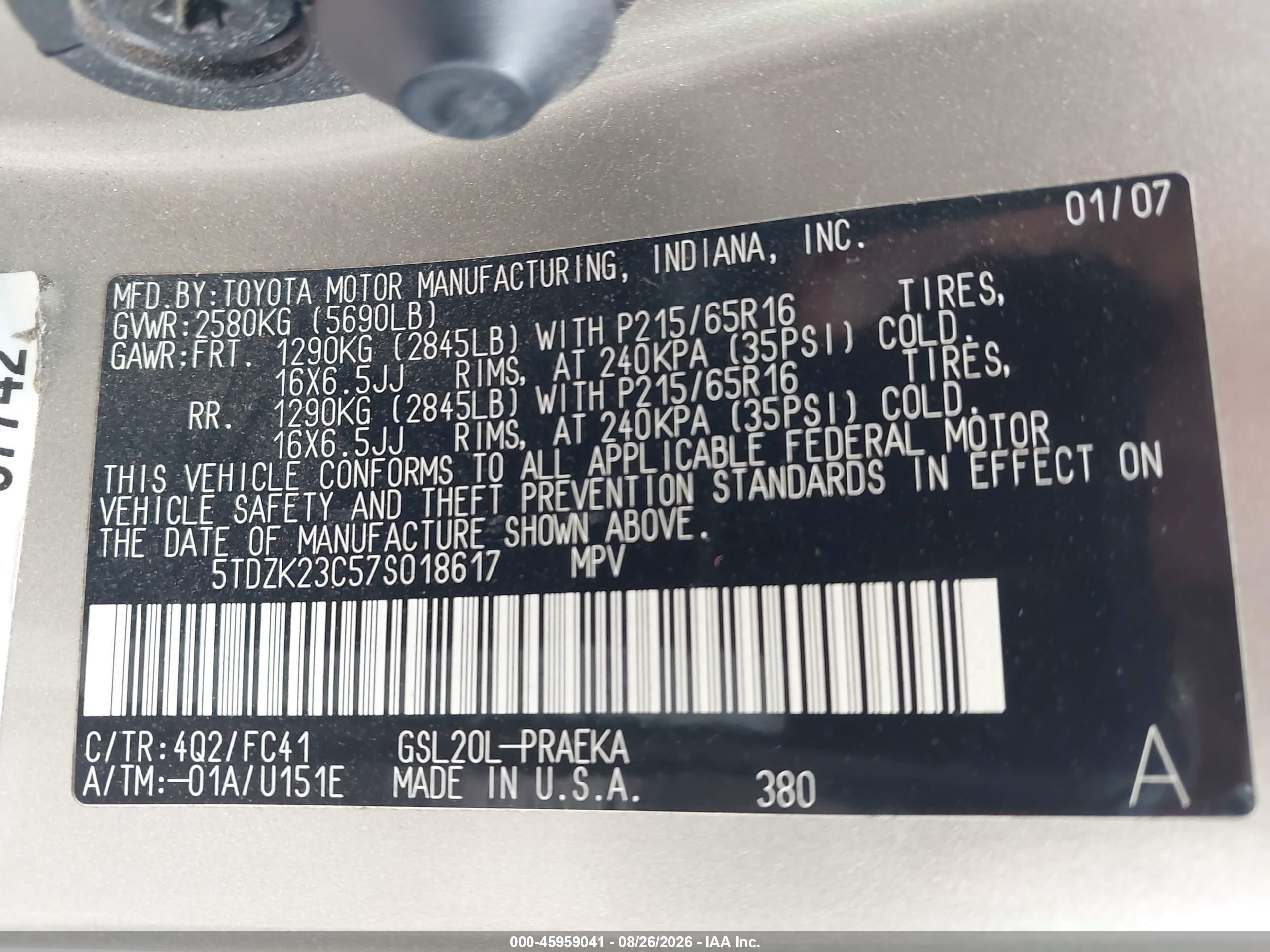 2007 Toyota Sienna Le Gold vin: 5TDZK23C57S018617