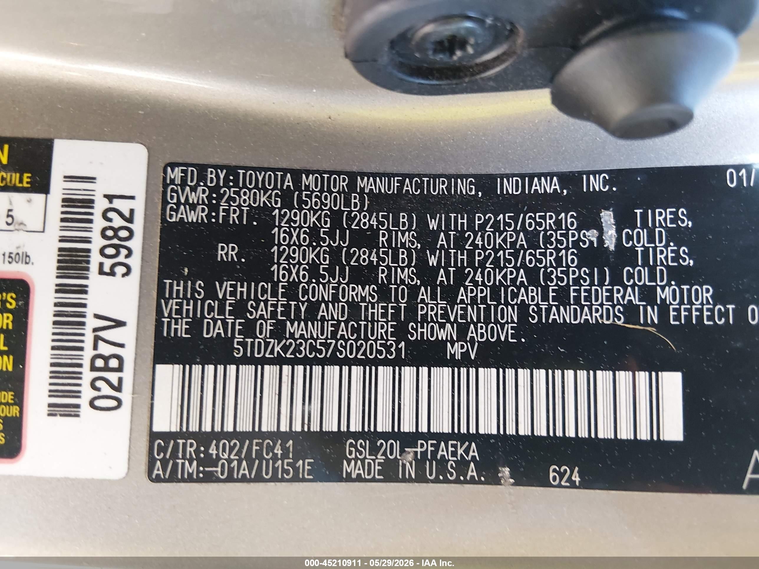 2007 Toyota Sienna Le Золотой vin: 5TDZK23C57S020531