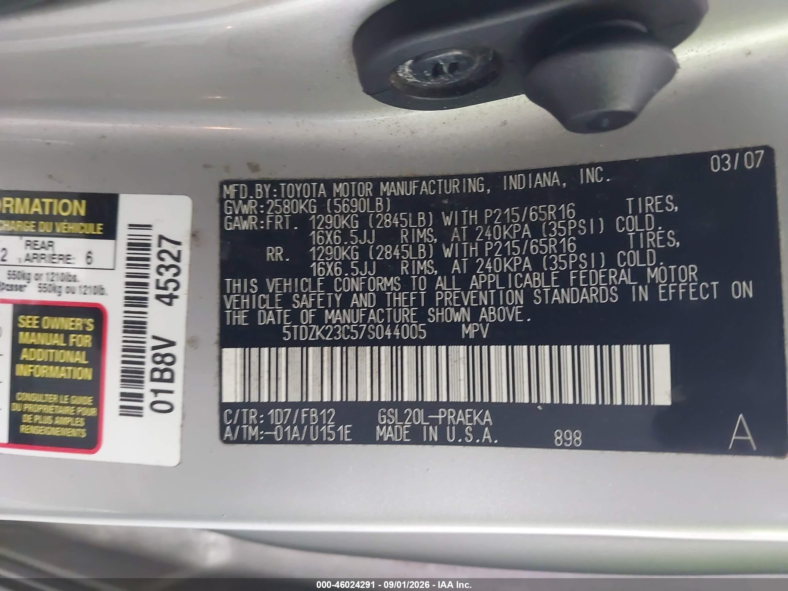 2007 Toyota Sienna Ce Silver vin: 5TDZK23C57S044005