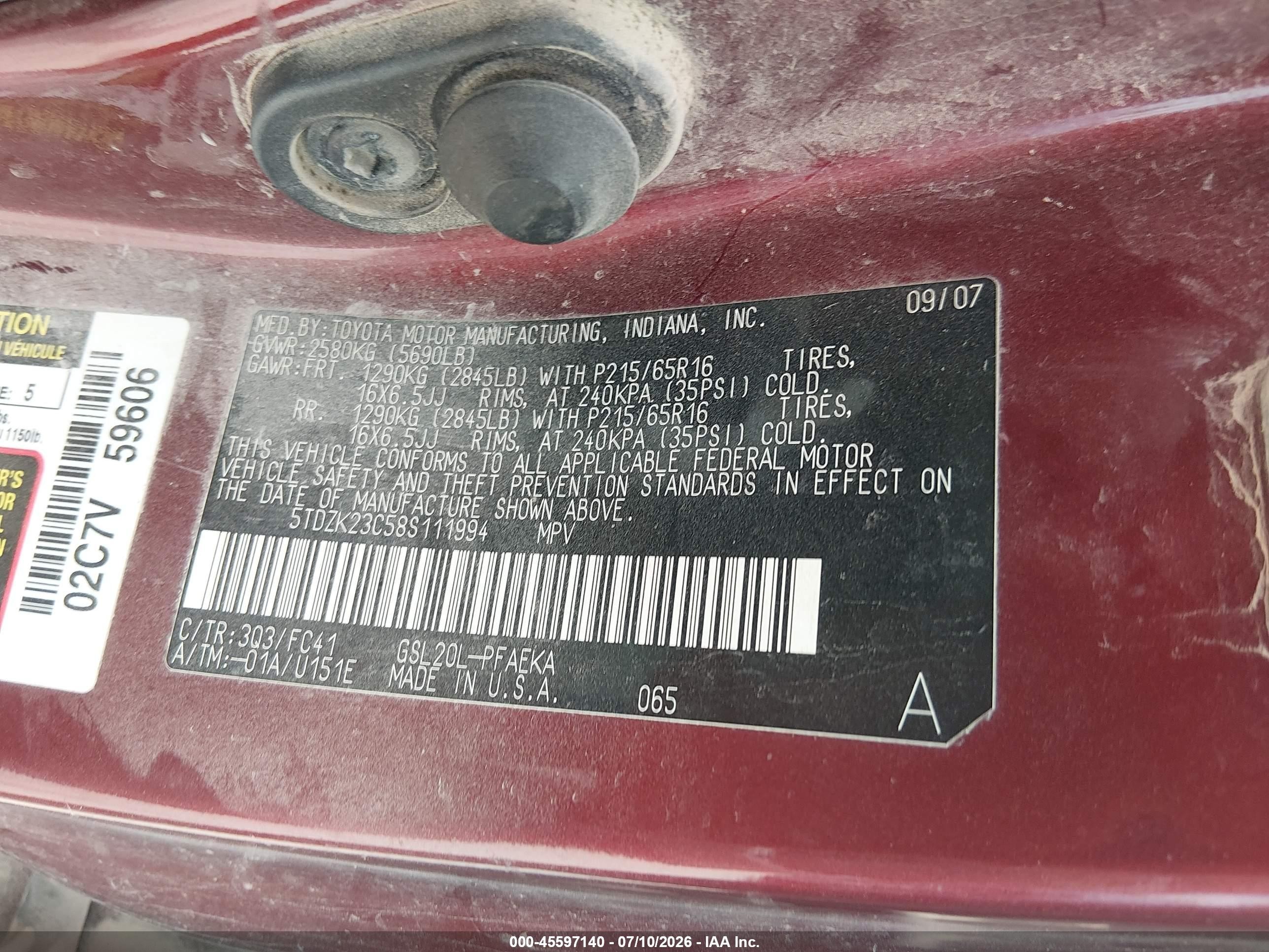2008 Toyota Sienna Le Burgundy vin: 5TDZK23C58S111994