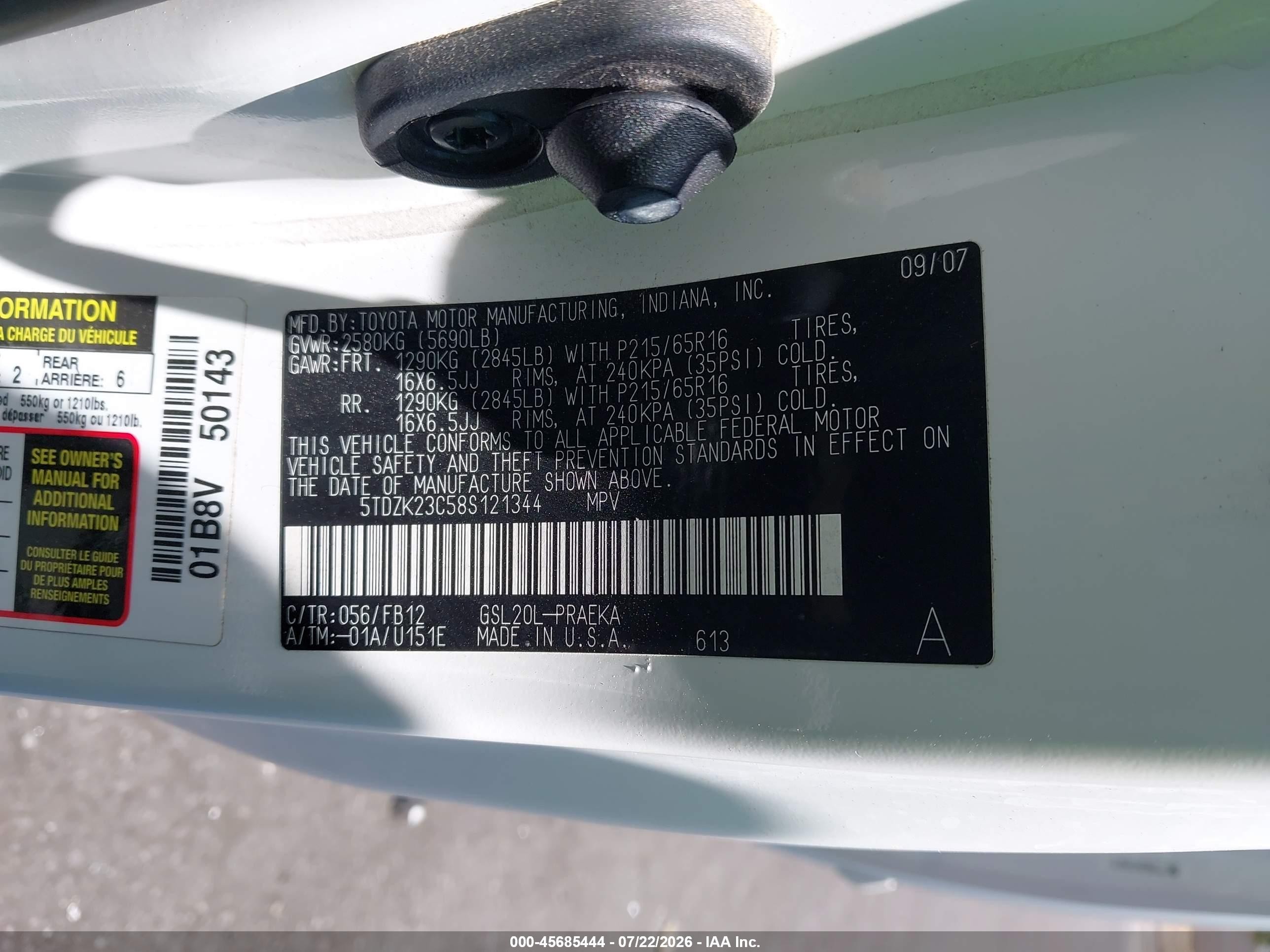 2008 Toyota Sienna Ce White vin: 5TDZK23C58S121344