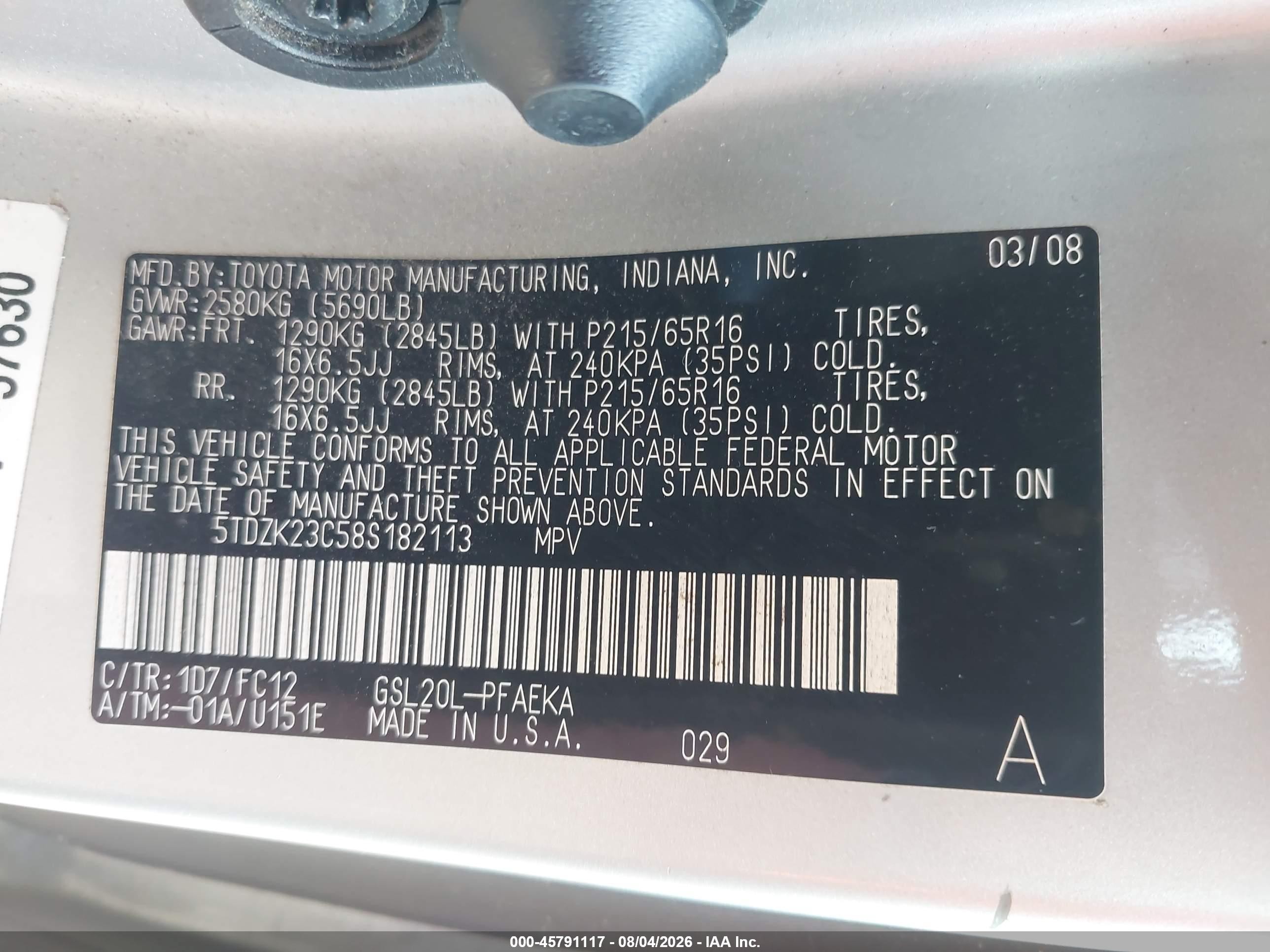 2008 Toyota Sienna Le Серебряный vin: 5TDZK23C58S182113