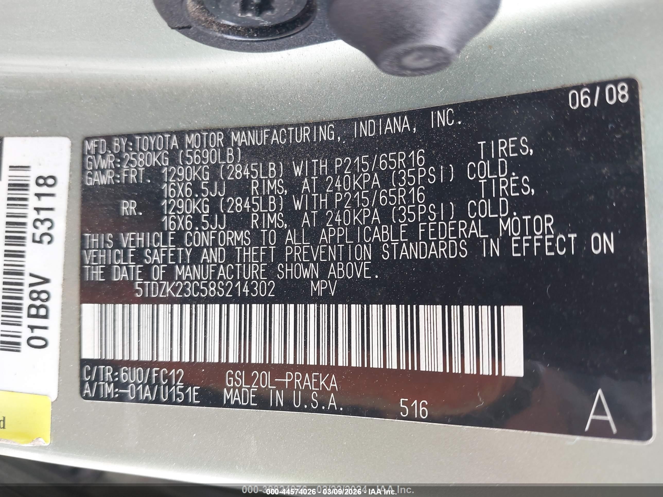 2008 Toyota Sienna Le Green vin: 5TDZK23C58S214302