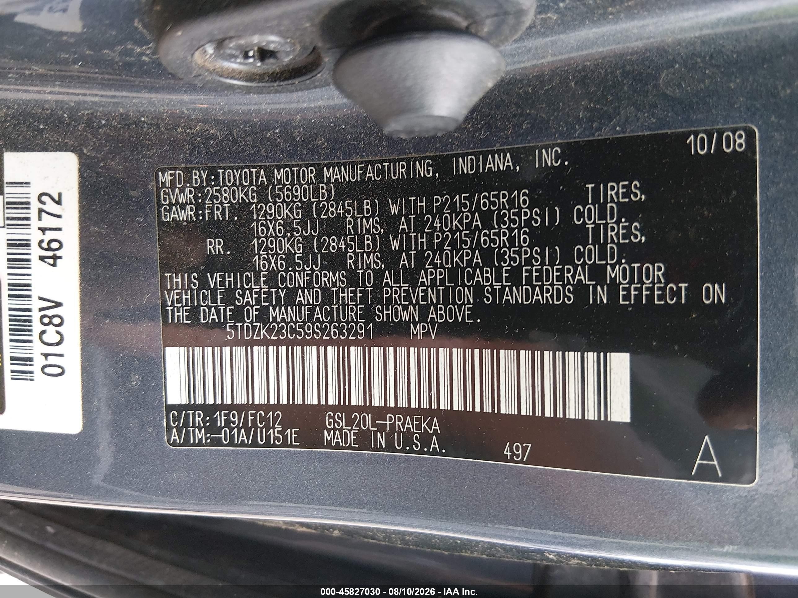 2009 Toyota Sienna Le Blue vin: 5TDZK23C59S263291