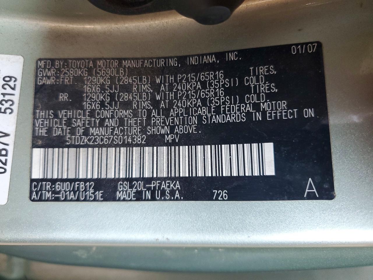 2007 Toyota Sienna Ce 7-passenger Green vin: 5TDZK23C67S014382