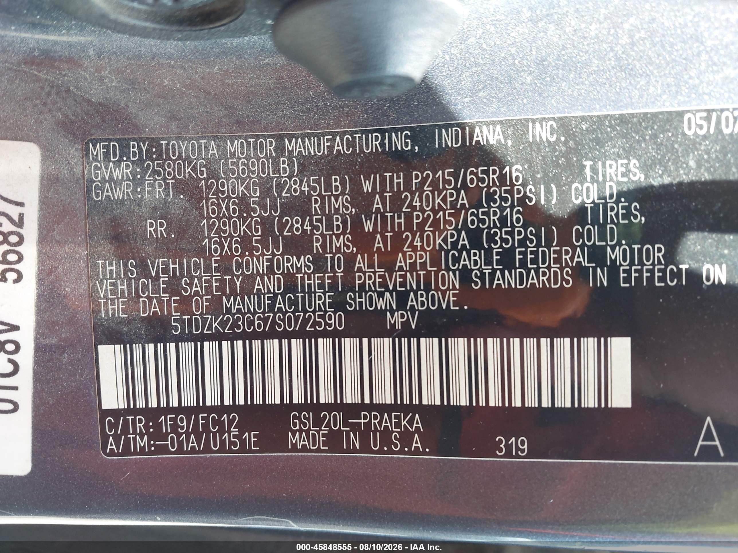 2007 Toyota Sienna Le Light Blue vin: 5TDZK23C67S072590