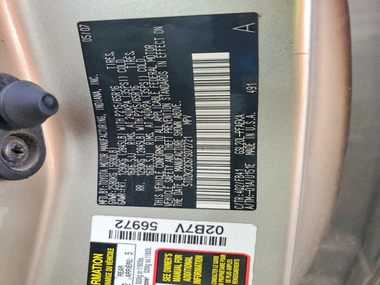 2007 Toyota Sienna Ce 7-passenger Золотой vin: 5TDZK23C67S072721