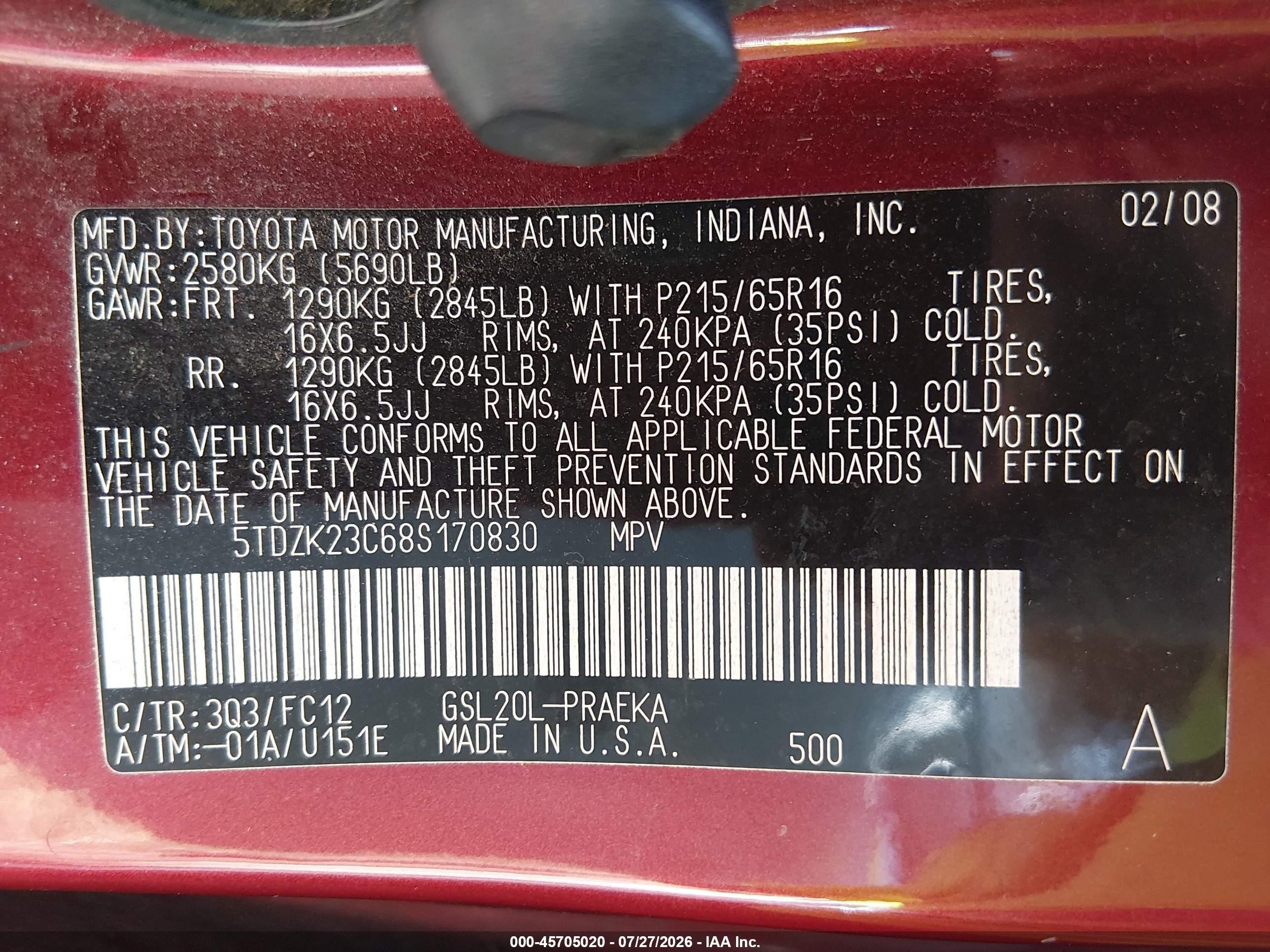 2008 Toyota Sienna Le Red vin: 5TDZK23C68S170830