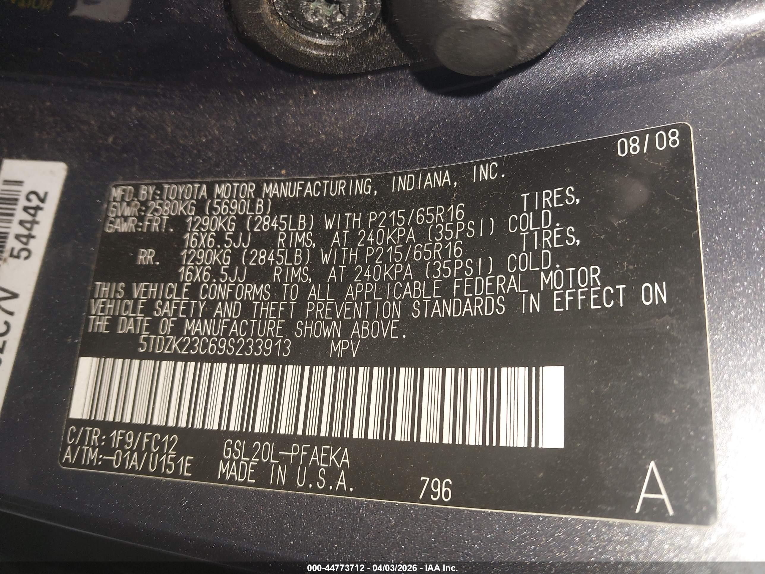 2009 Toyota Sienna Le Gray vin: 5TDZK23C69S233913