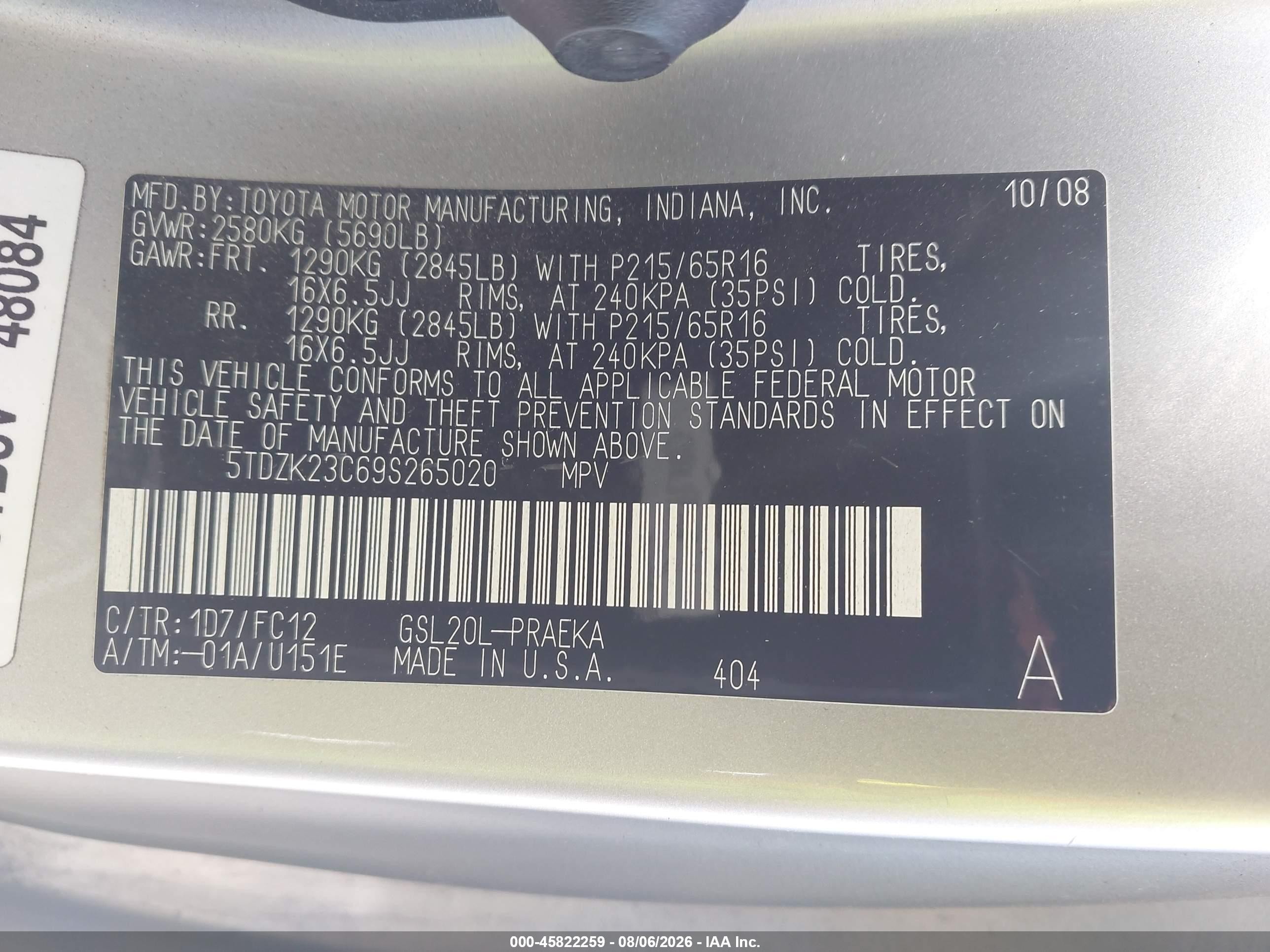 2009 Toyota Sienna Le Gold vin: 5TDZK23C69S265020