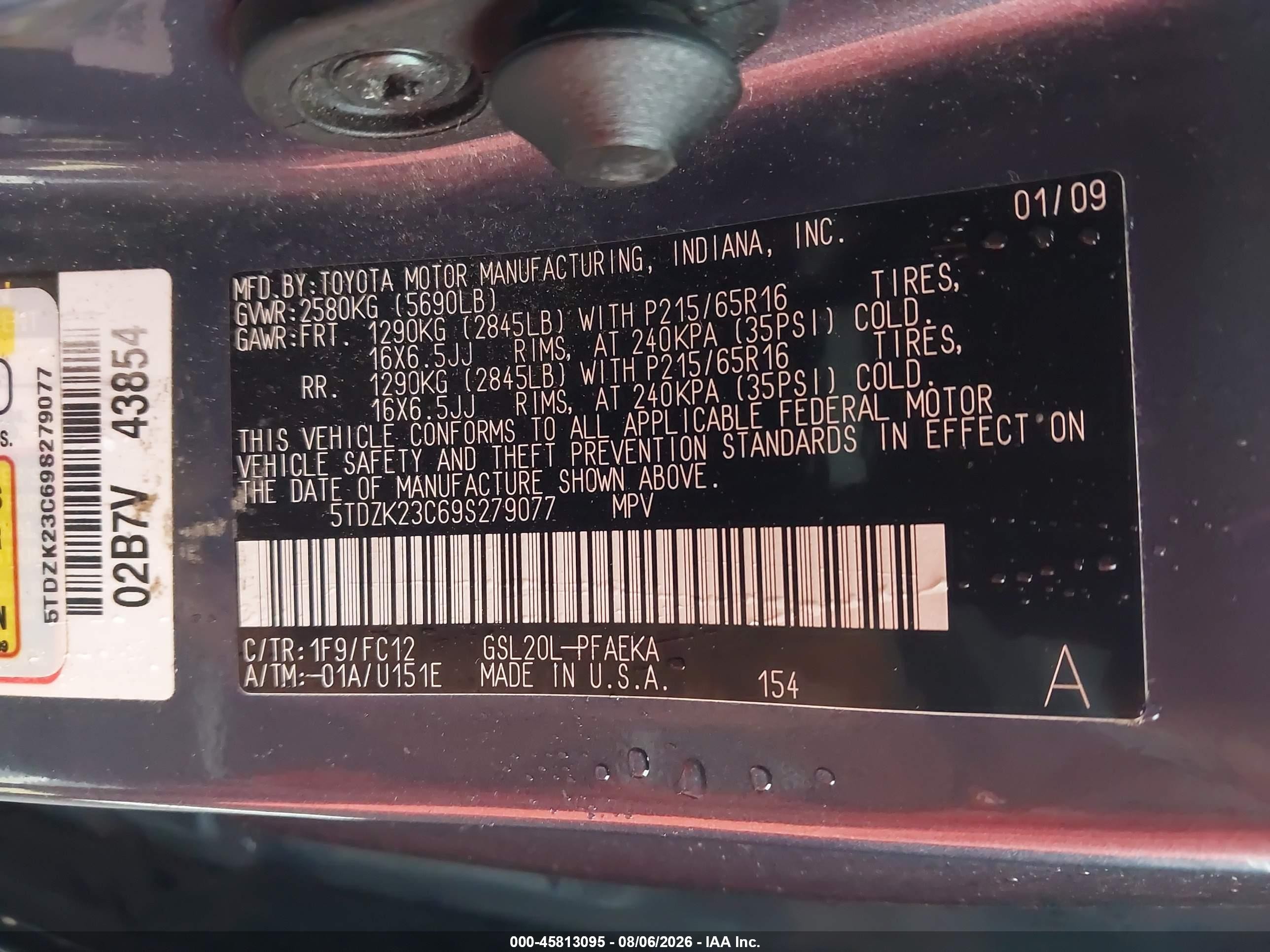 2009 Toyota Sienna Le Blue vin: 5TDZK23C69S279077