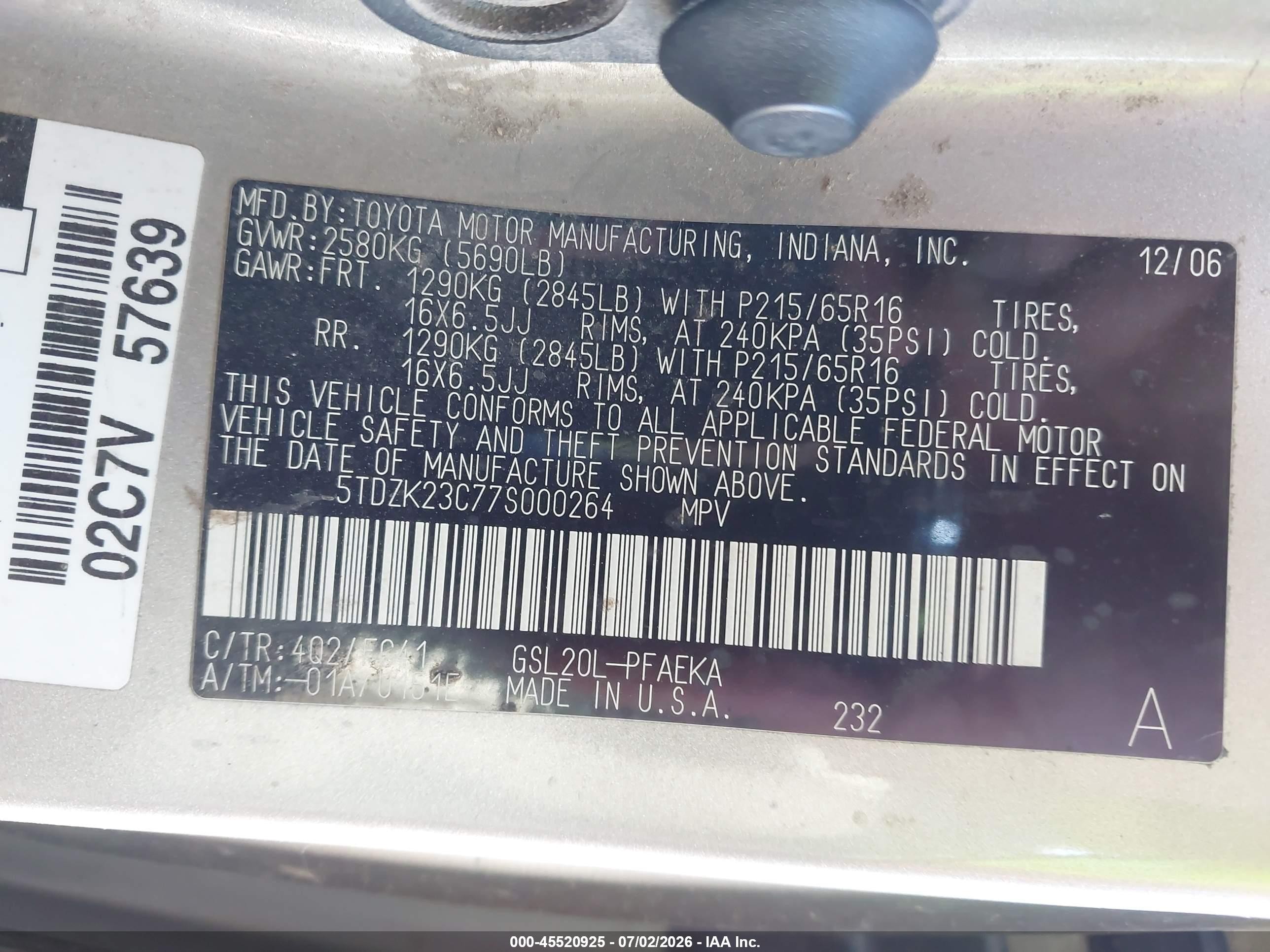 2007 Toyota Sienna Le Tan vin: 5TDZK23C77S000264