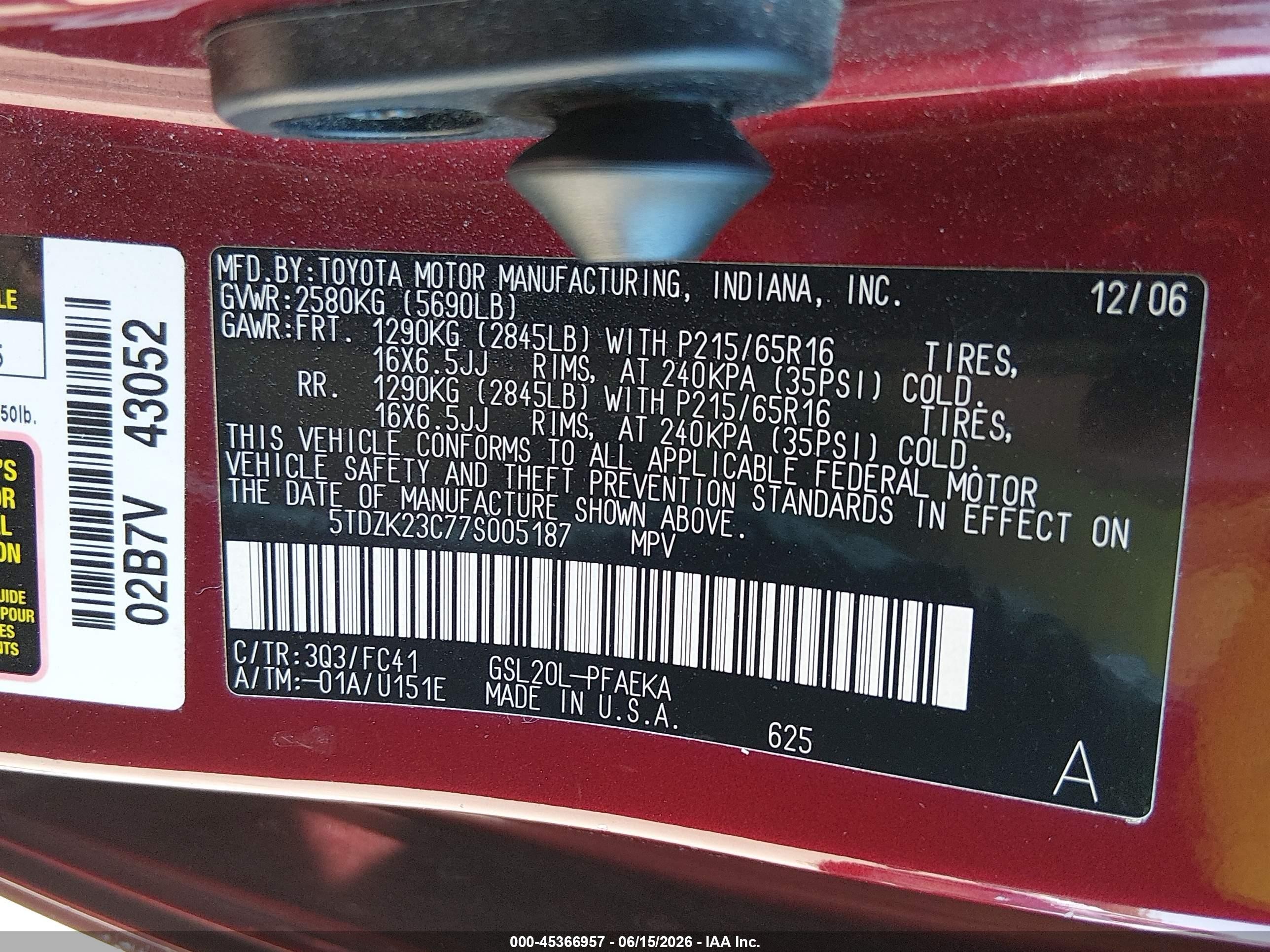 2007 Toyota Sienna Le Red vin: 5TDZK23C77S005187