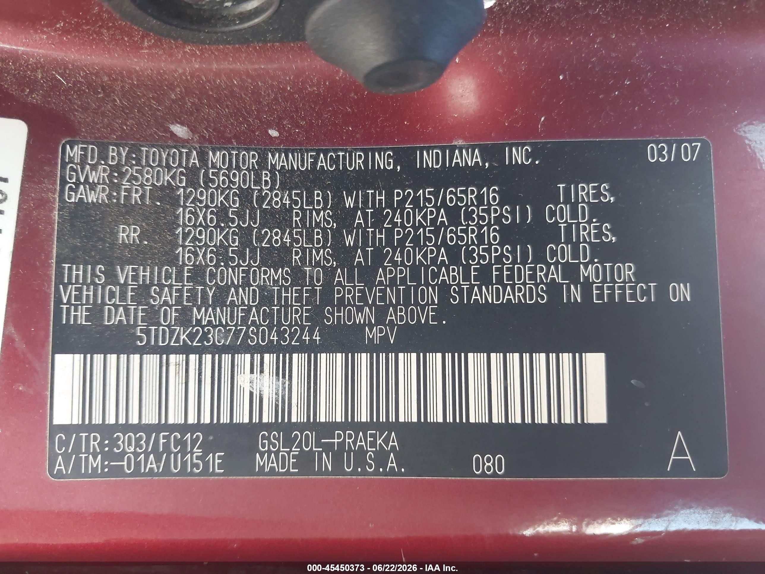2007 Toyota Sienna Le Red vin: 5TDZK23C77S043244