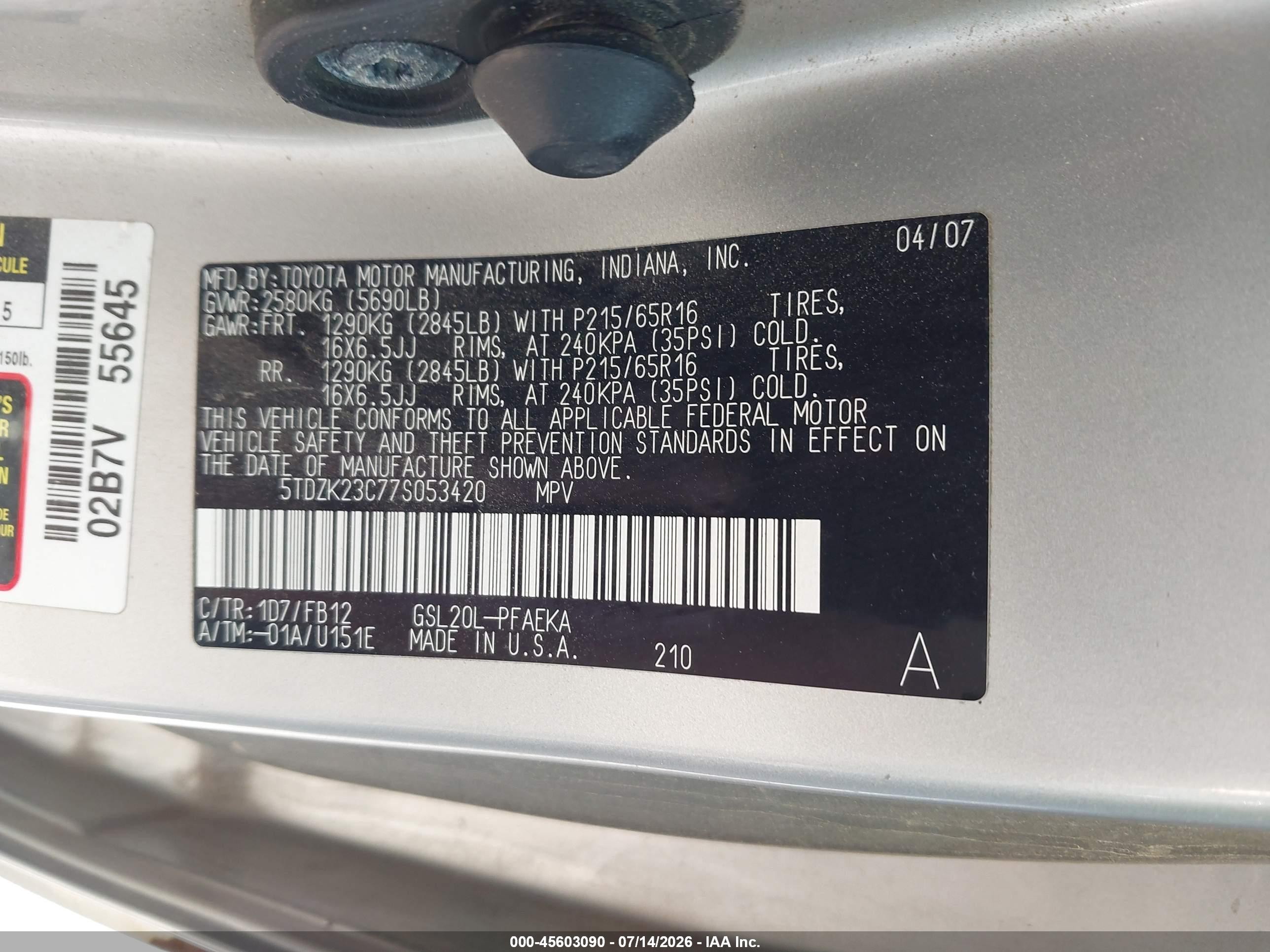2007 Toyota Sienna Ce Silver vin: 5TDZK23C77S053420