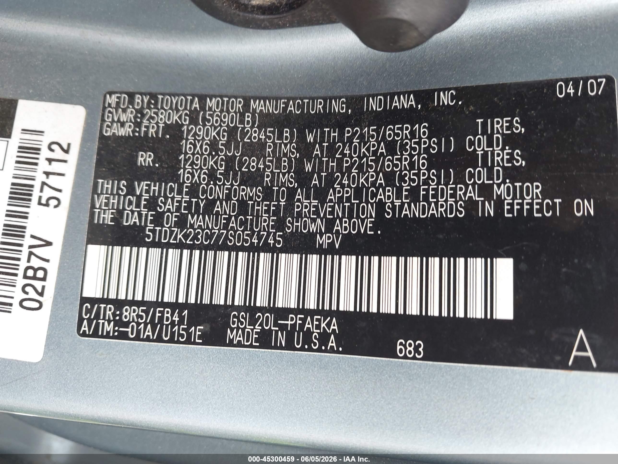 2007 Toyota Sienna Ce Blue vin: 5TDZK23C77S054745