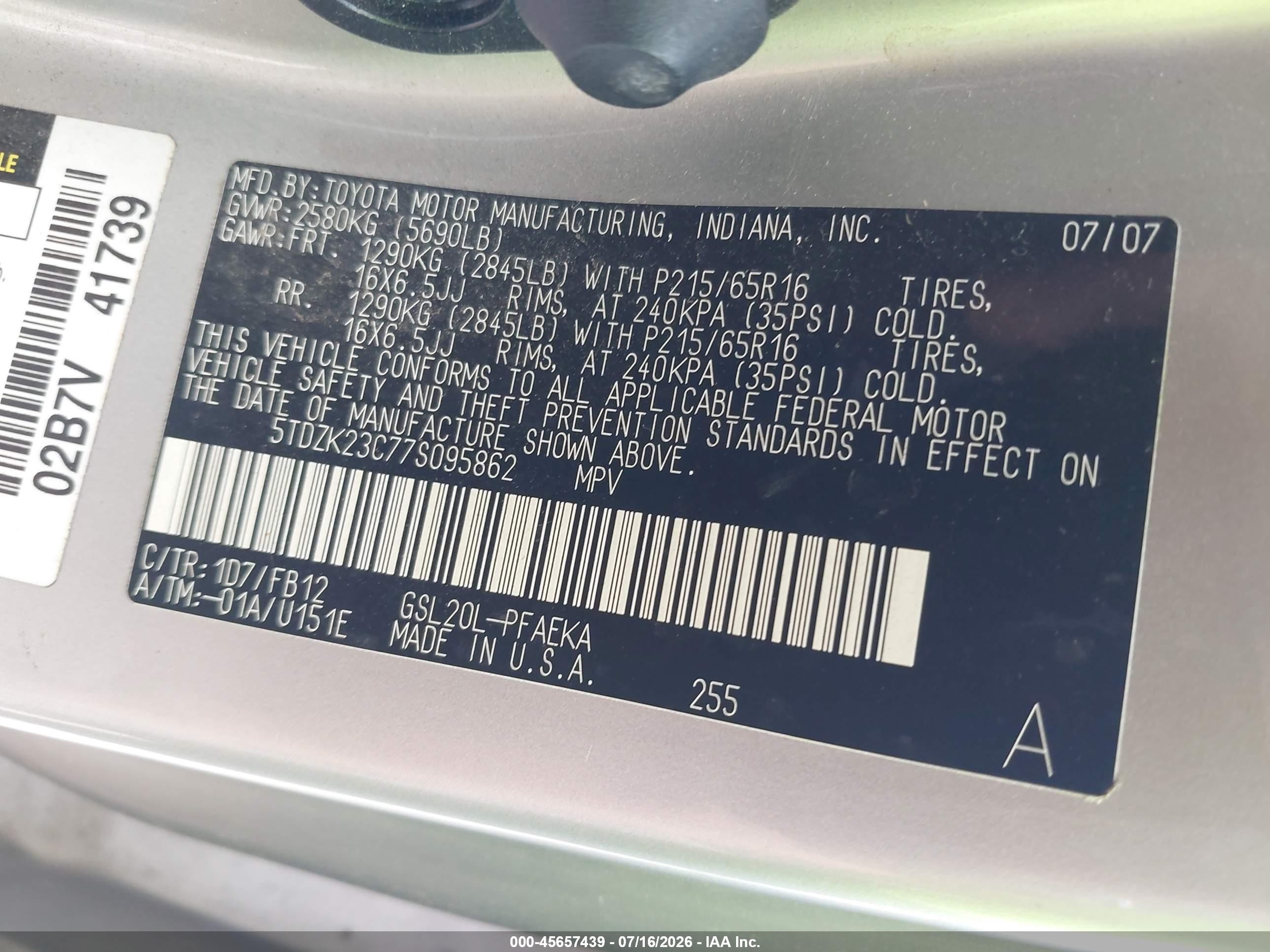 2007 Toyota Sienna Ce Silver vin: 5TDZK23C77S095862