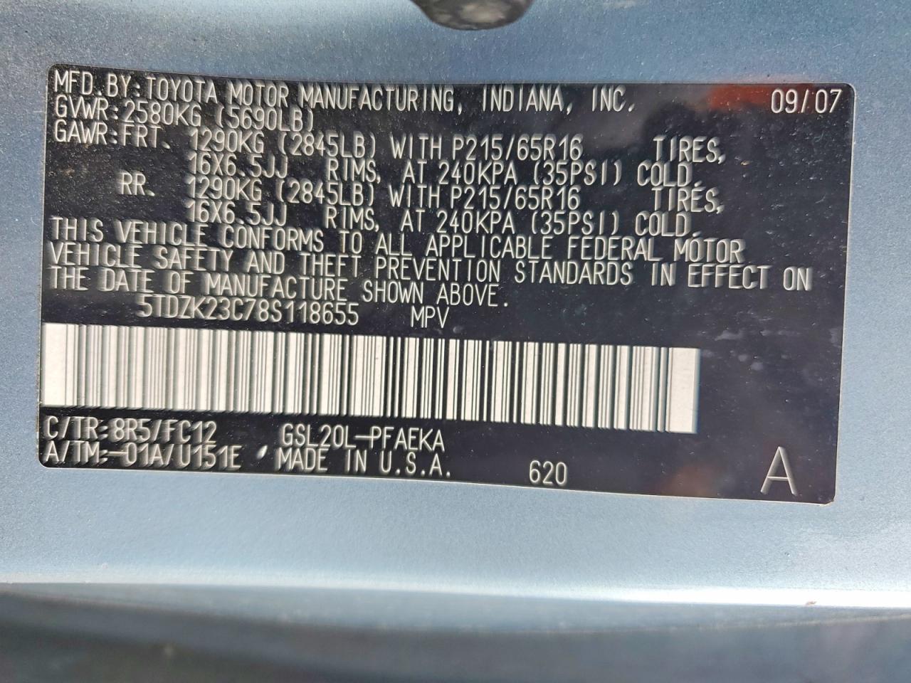 2008 Toyota Sienna Teal vin: 5TDZK23C78S118655