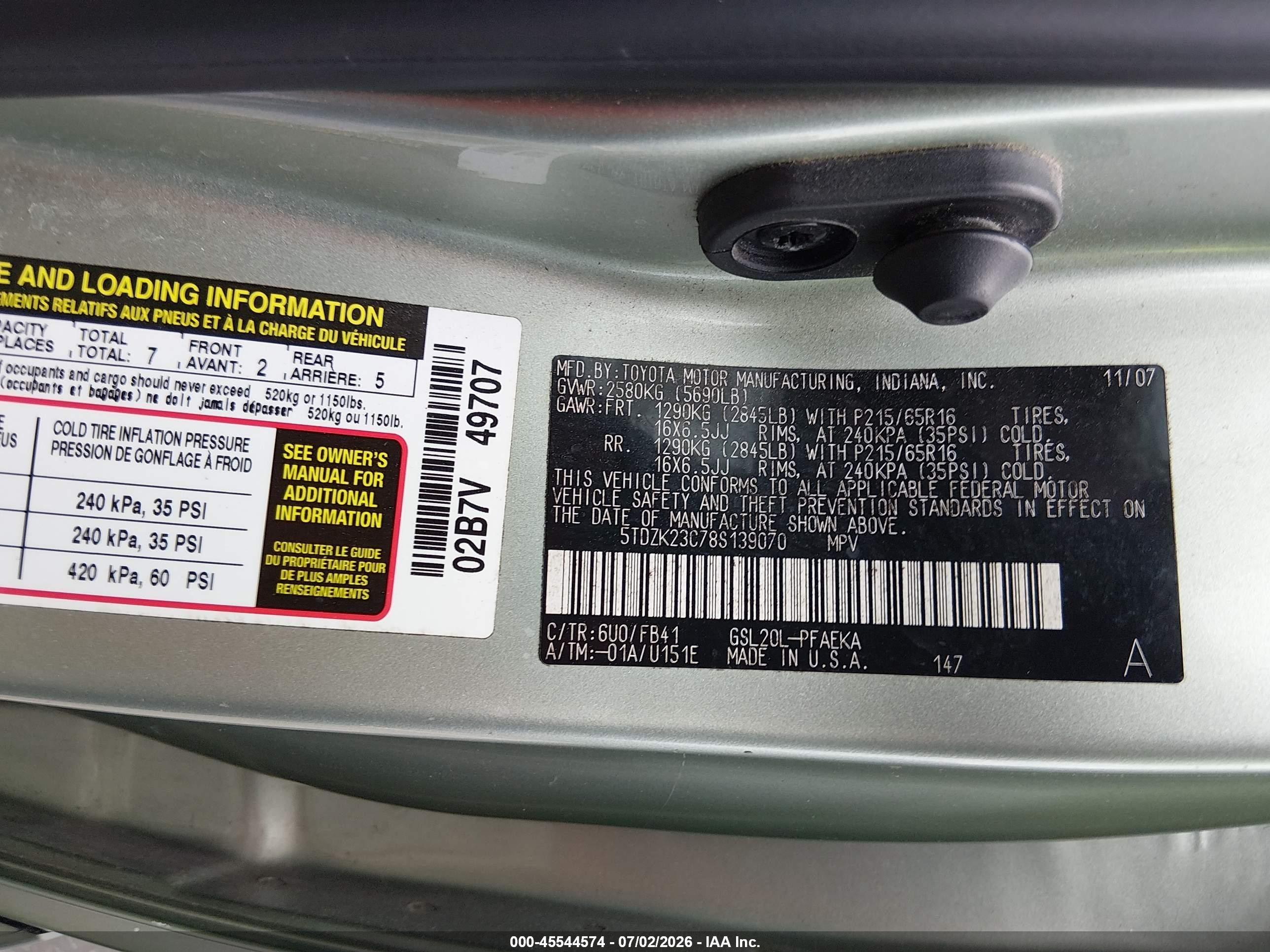 2008 Toyota Sienna Ce Green vin: 5TDZK23C78S139070