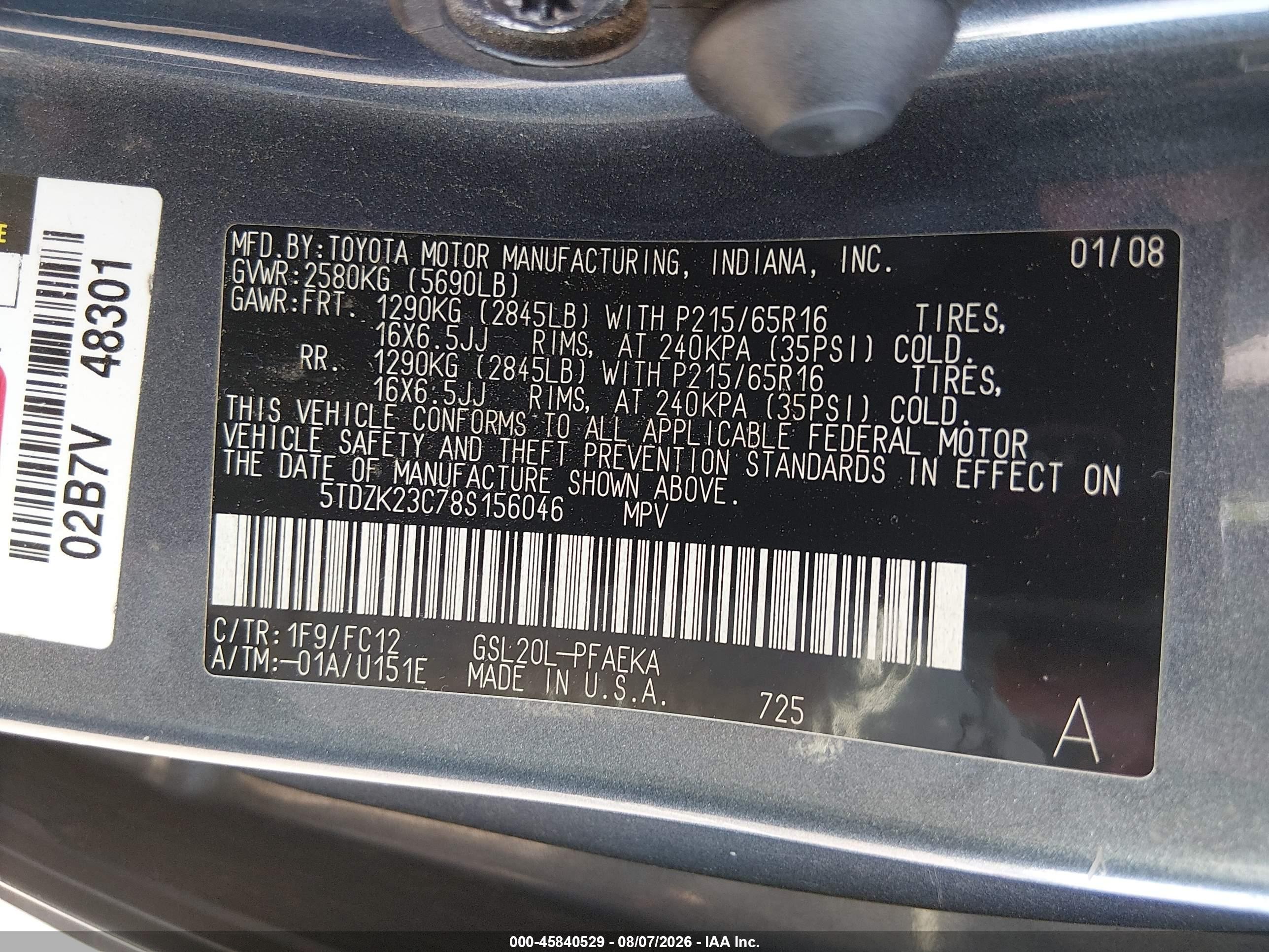 2008 Toyota Sienna Le Blue vin: 5TDZK23C78S156046