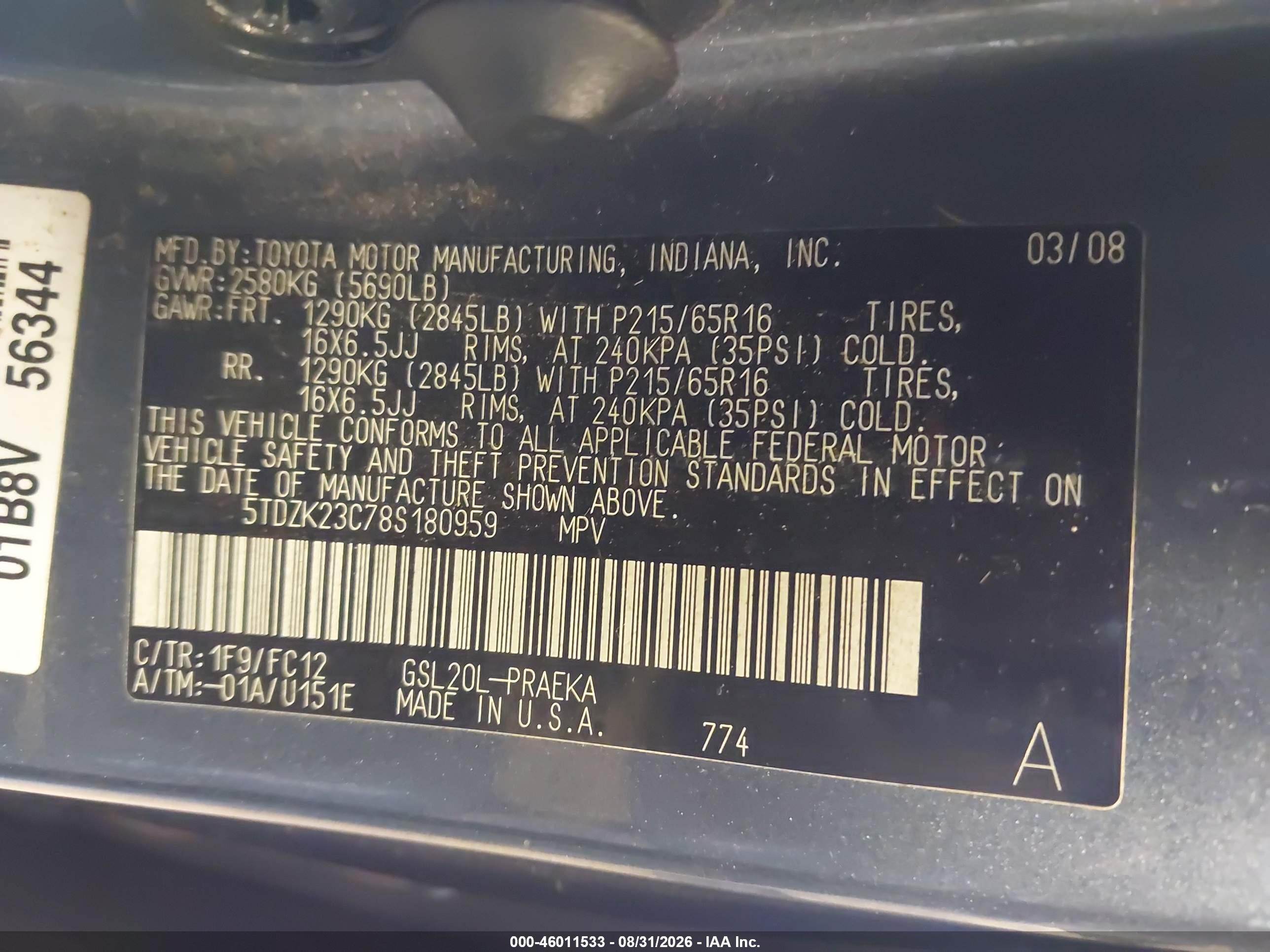 2008 Toyota Sienna Le Gray vin: 5TDZK23C78S180959