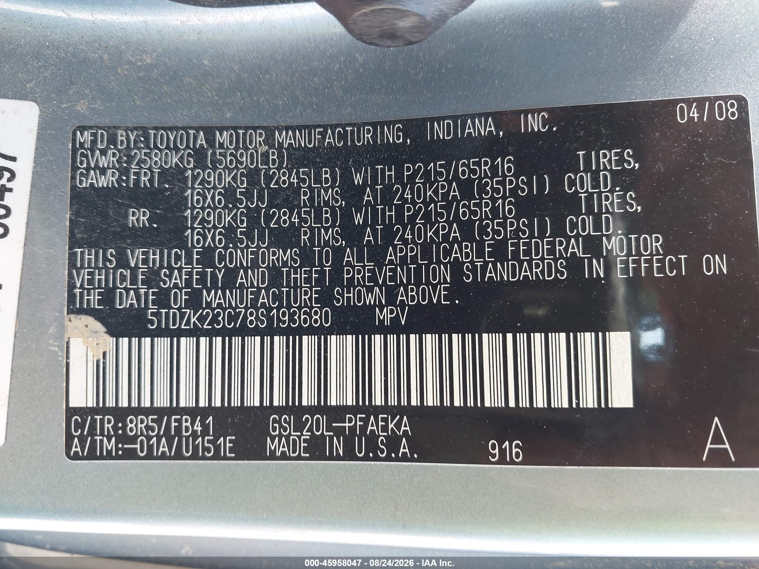 2008 Toyota Sienna Ce Blue vin: 5TDZK23C78S193680
