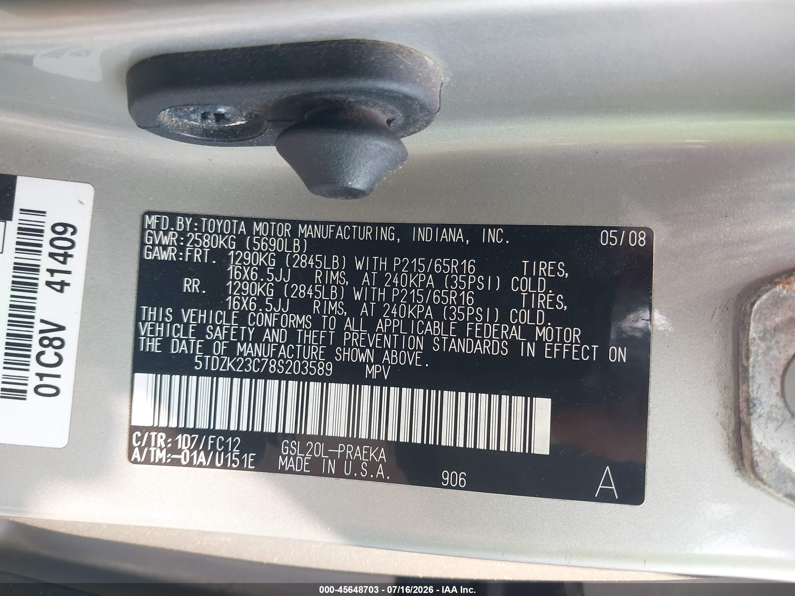 2008 Toyota Sienna Le Серый vin: 5TDZK23C78S203589