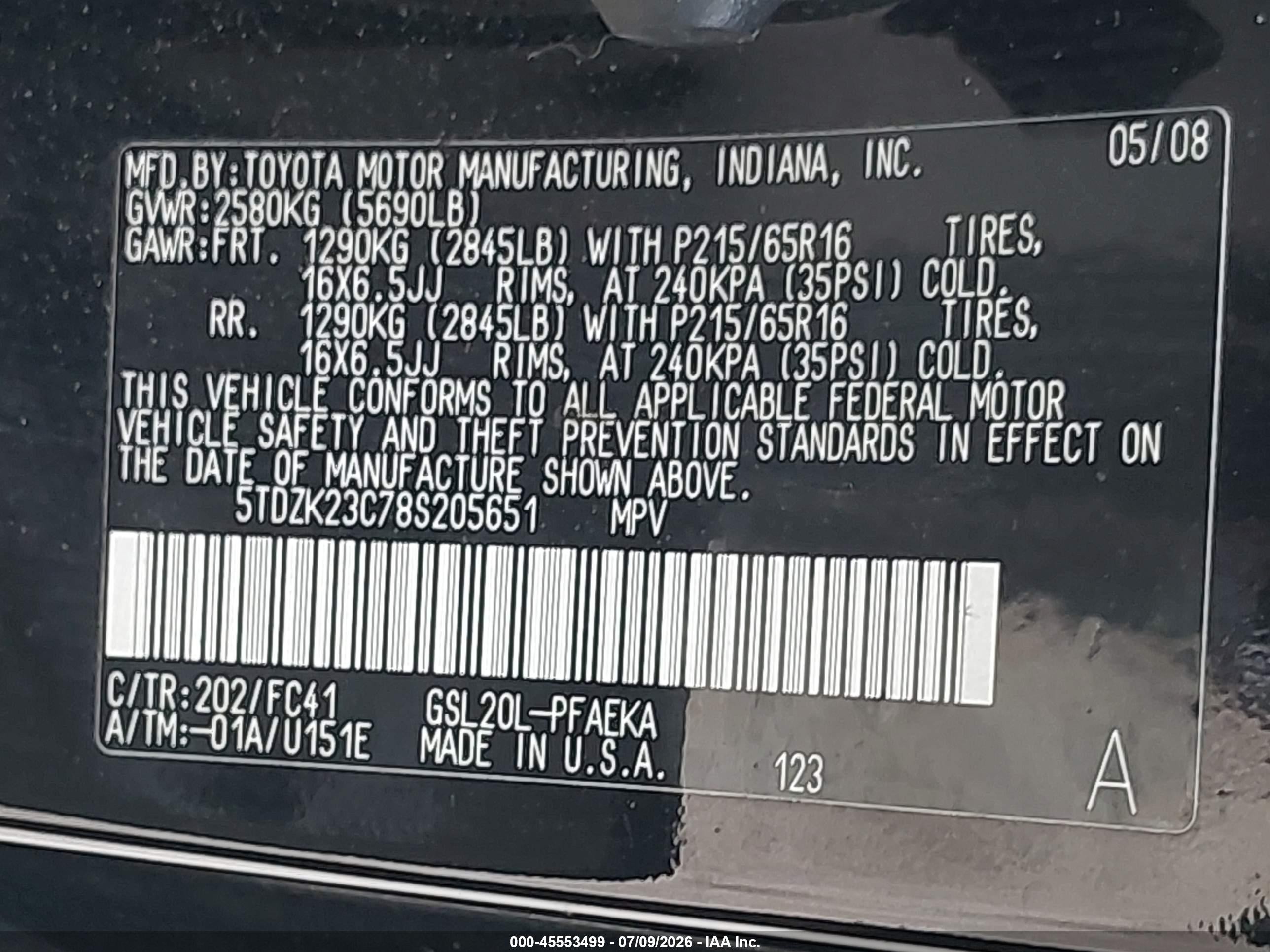 2008 Toyota Sienna Le Black vin: 5TDZK23C78S205651