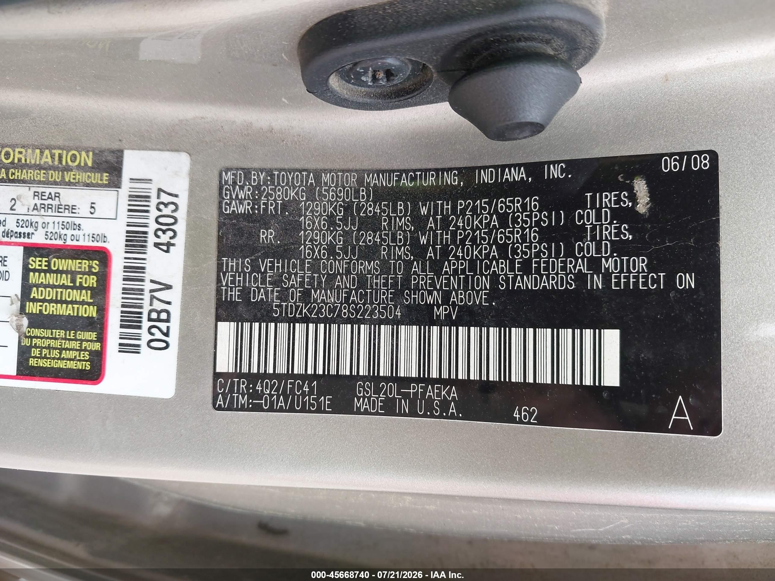 2008 Toyota Sienna Le Tan vin: 5TDZK23C78S223504