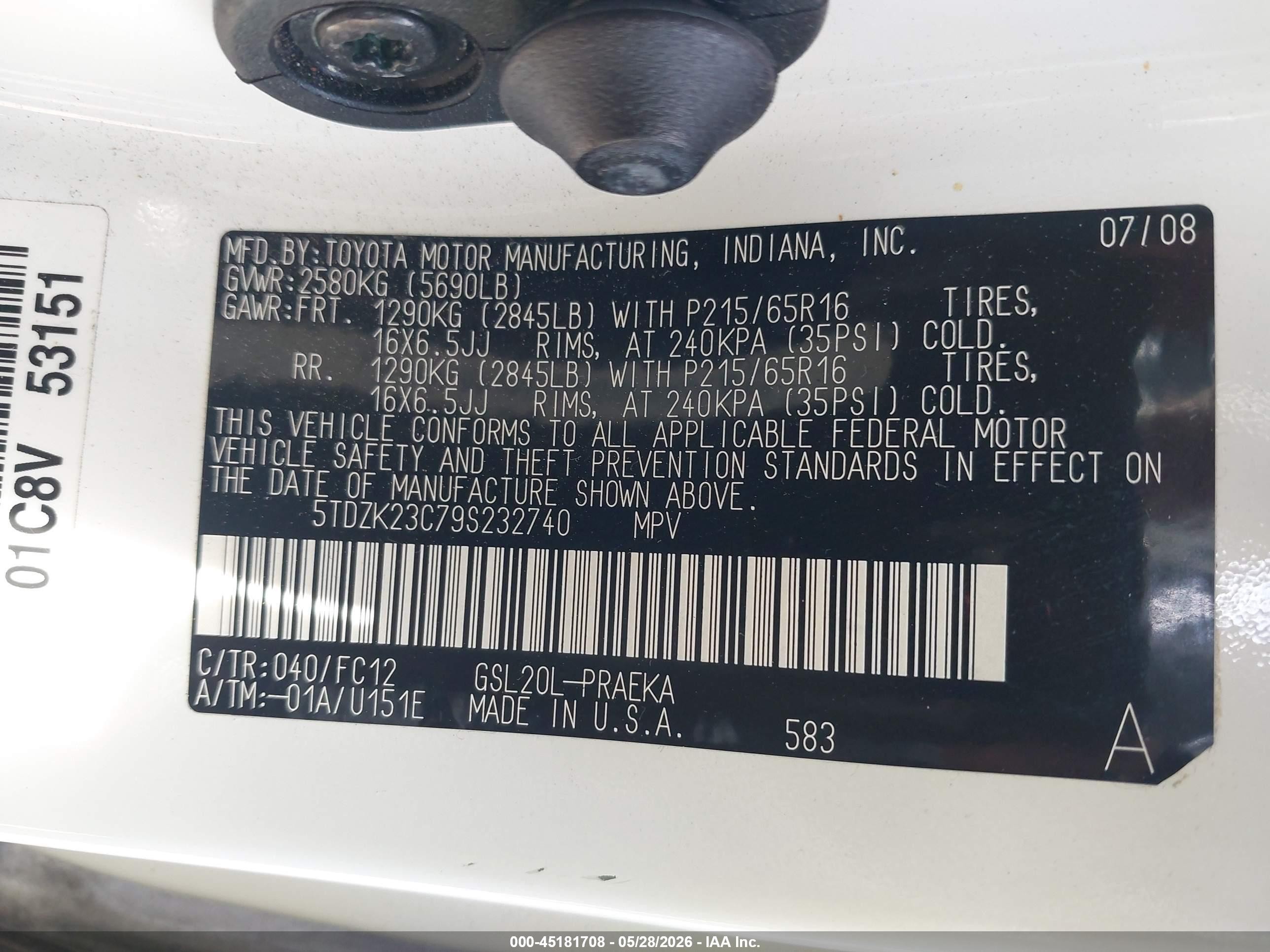 2009 Toyota Sienna Le White vin: 5TDZK23C79S232740