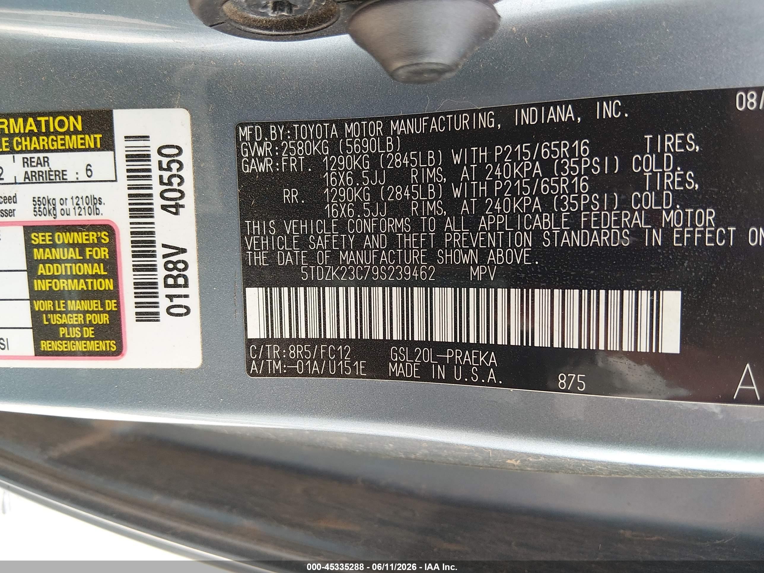 2009 Toyota Sienna Le Gray vin: 5TDZK23C79S239462