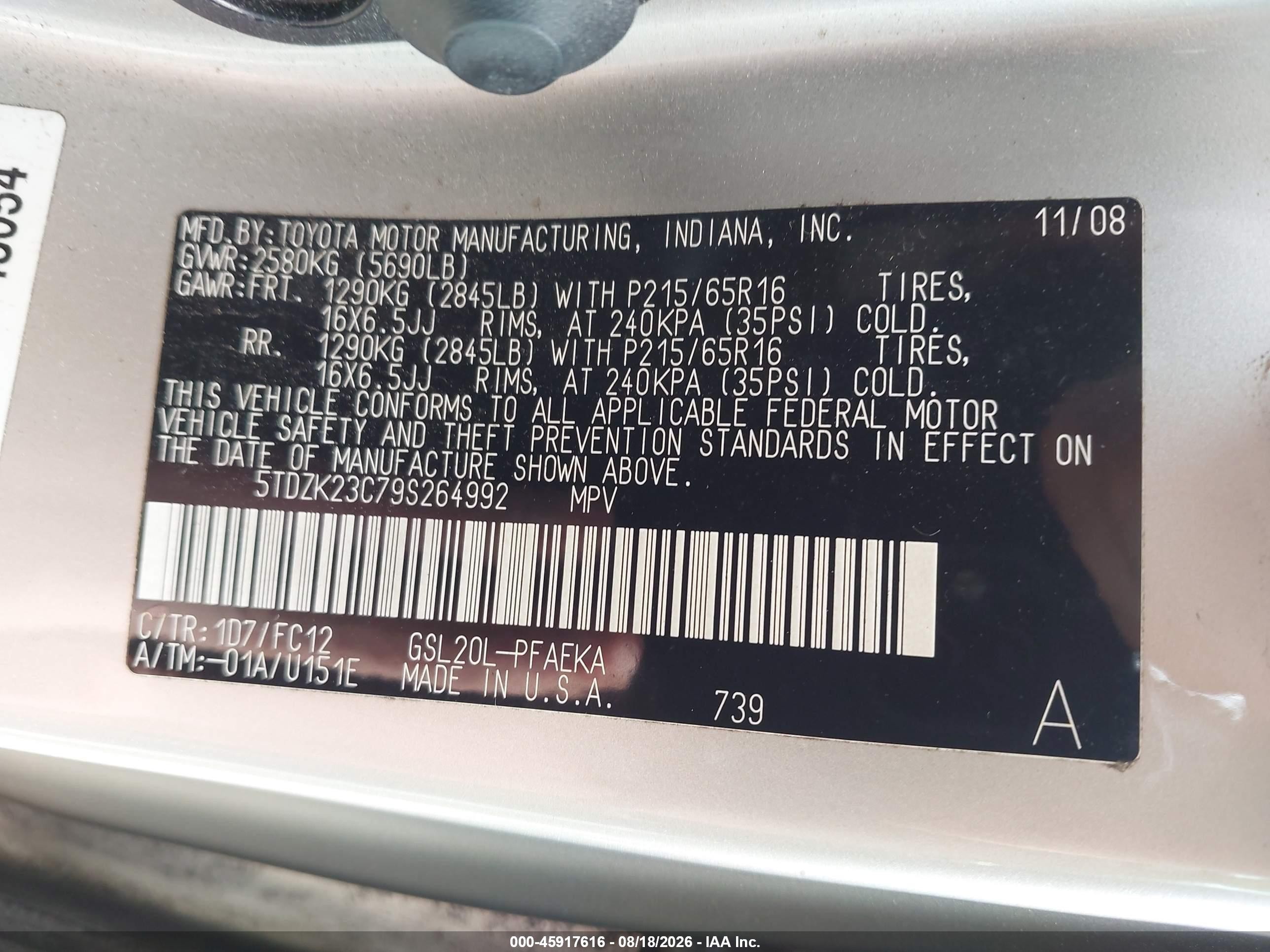 2009 Toyota Sienna Le Серебряный vin: 5TDZK23C79S264992