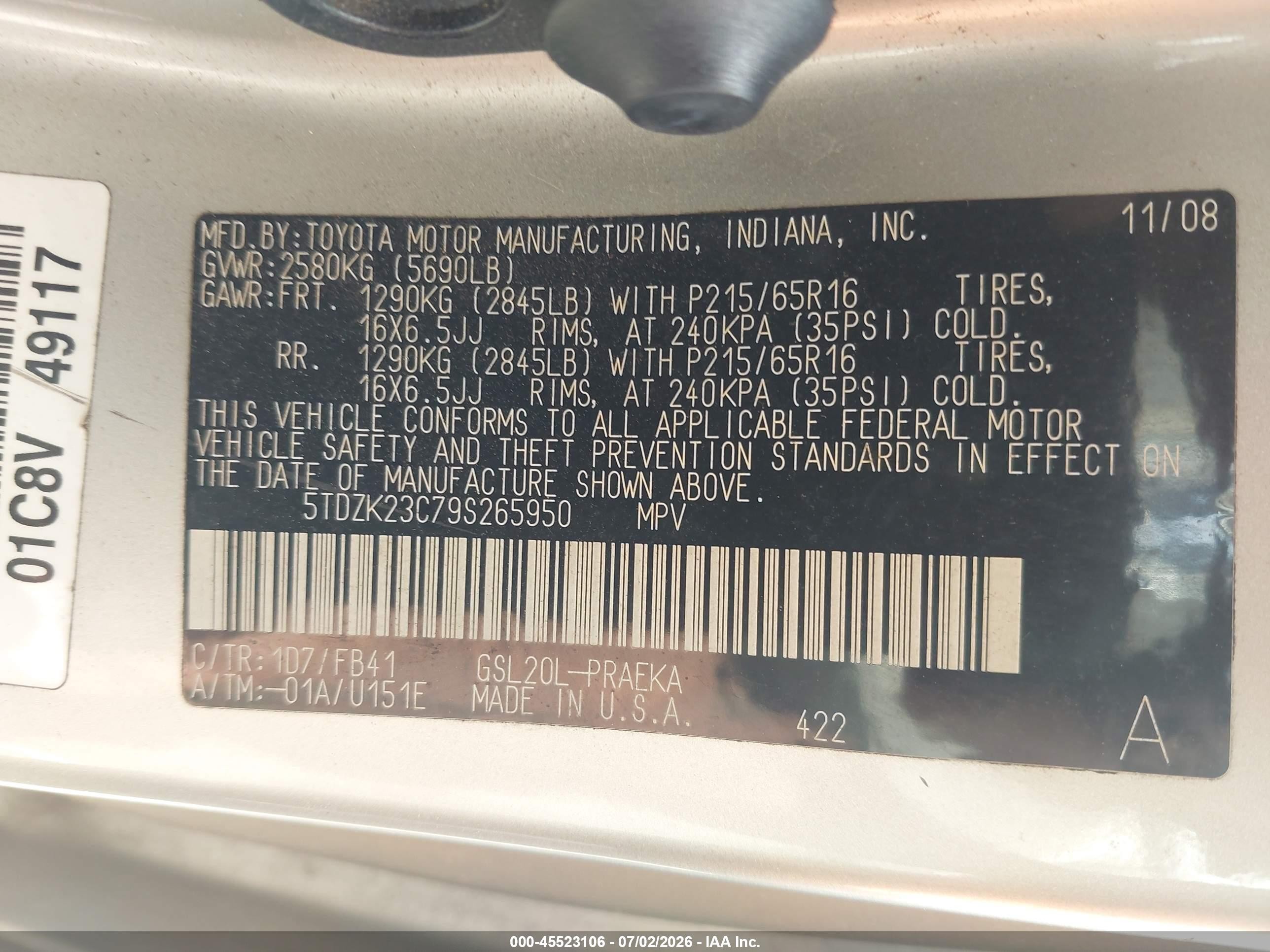 2009 Toyota Sienna Le Beige vin: 5TDZK23C79S265950