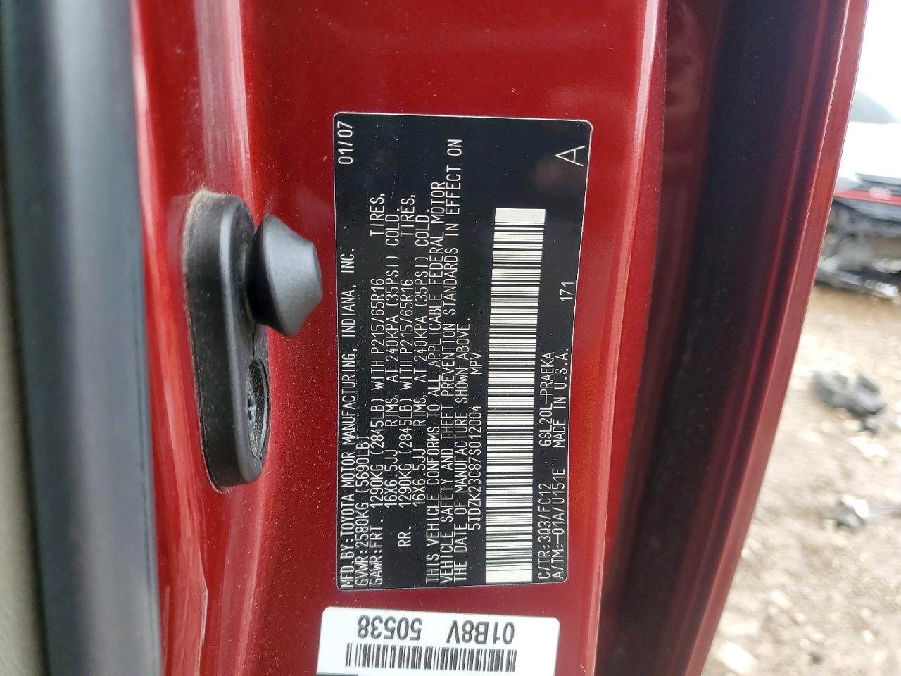 2007 Toyota Sienna Le 8-passenger Red vin: 5TDZK23C87S012004