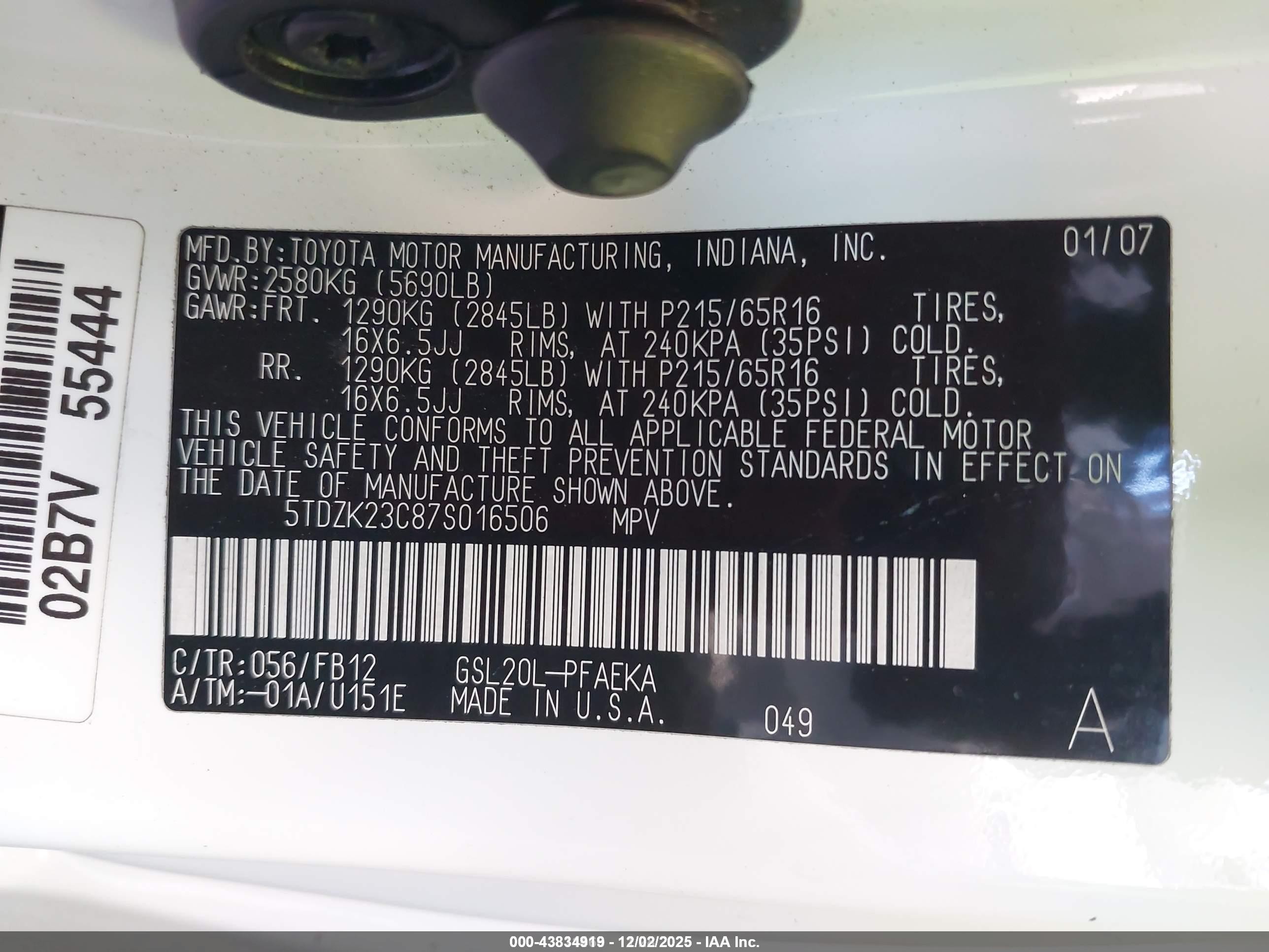 2007 Toyota Sienna Ce Белый vin: 5TDZK23C87S016506