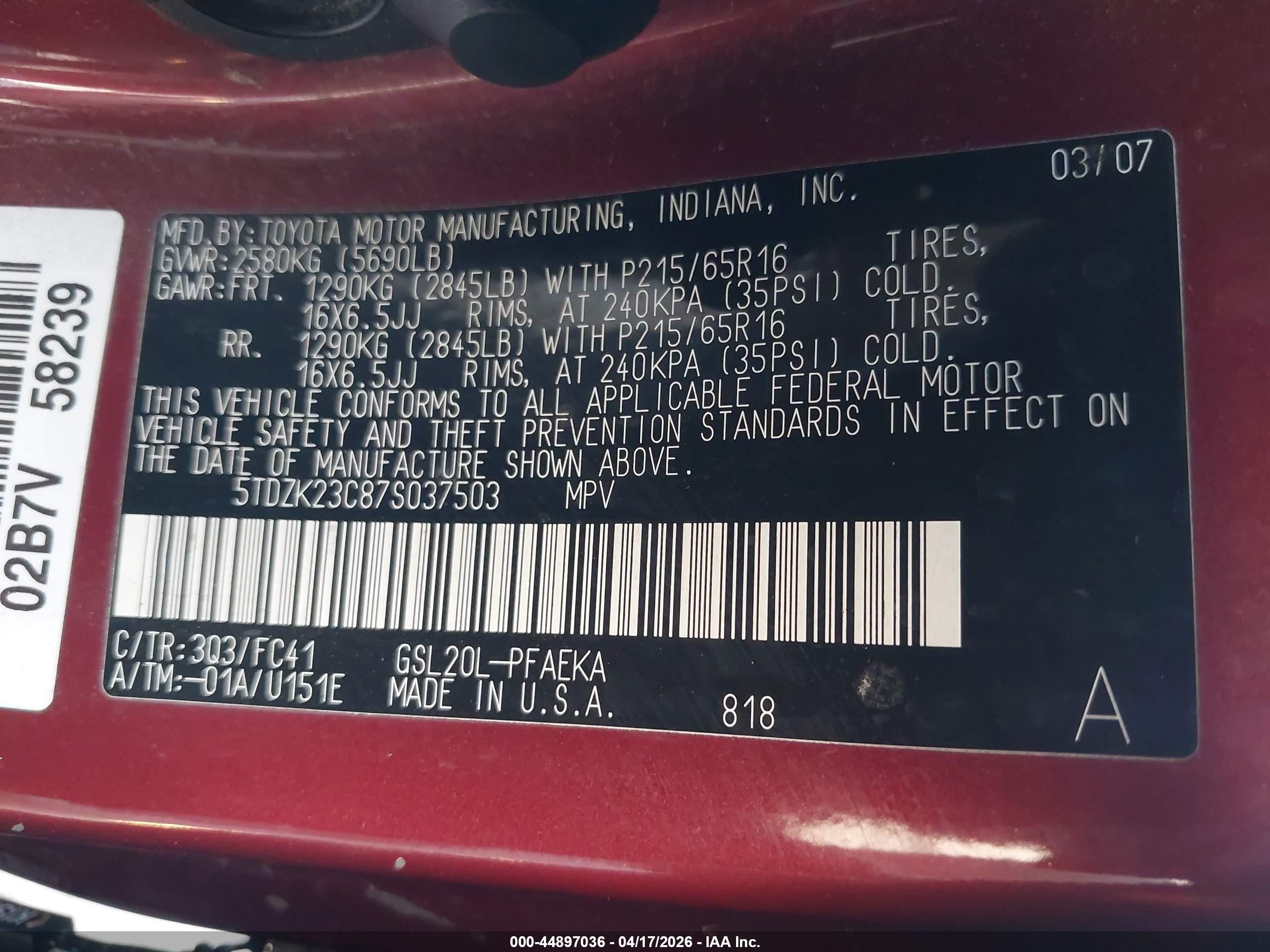 2007 Toyota Sienna Le Maroon vin: 5TDZK23C87S037503