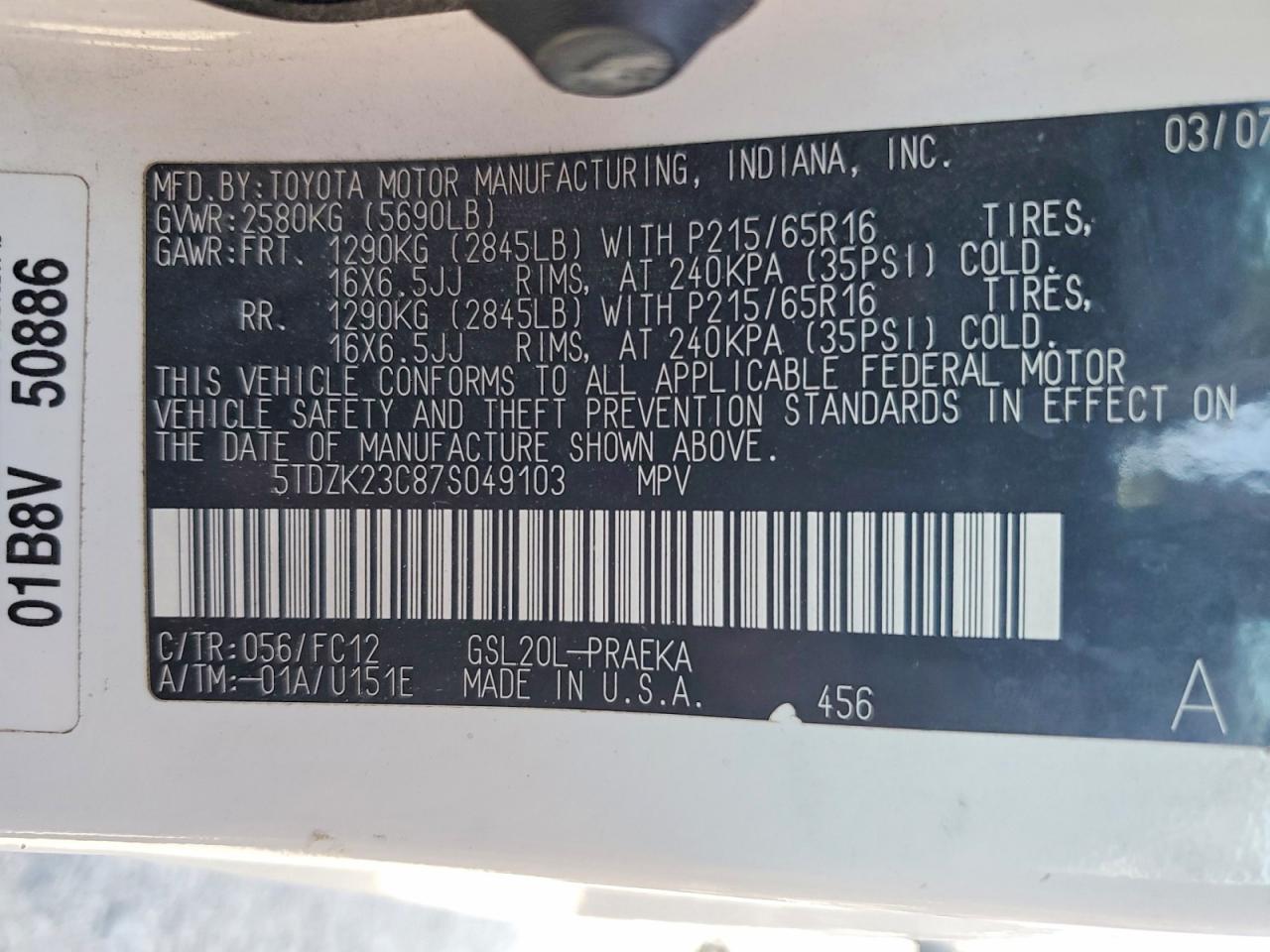 2007 Toyota Sienna Le 8-passenger White vin: 5TDZK23C87S049103