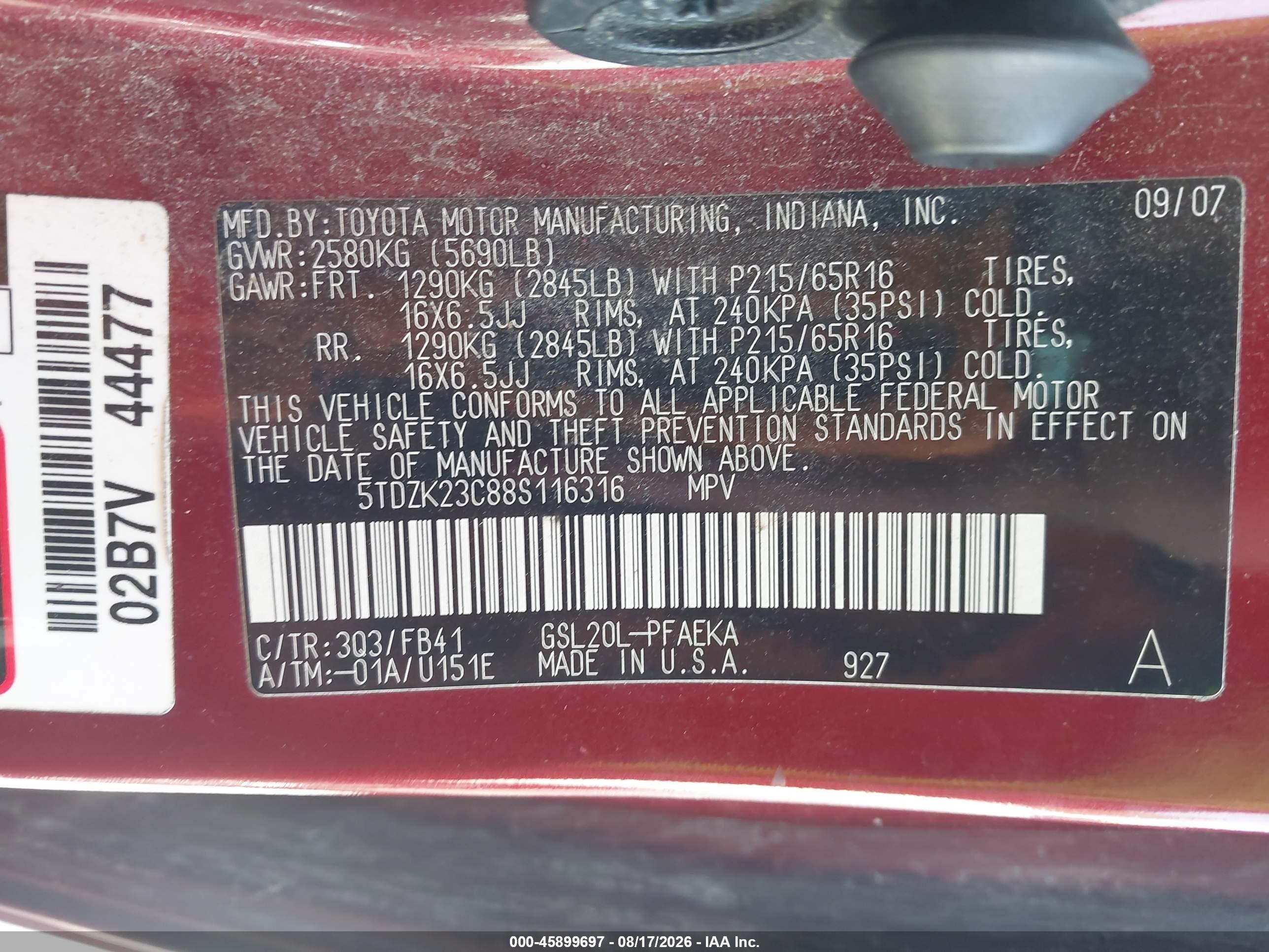 2008 Toyota Sienna Ce Burgundy vin: 5TDZK23C88S116316