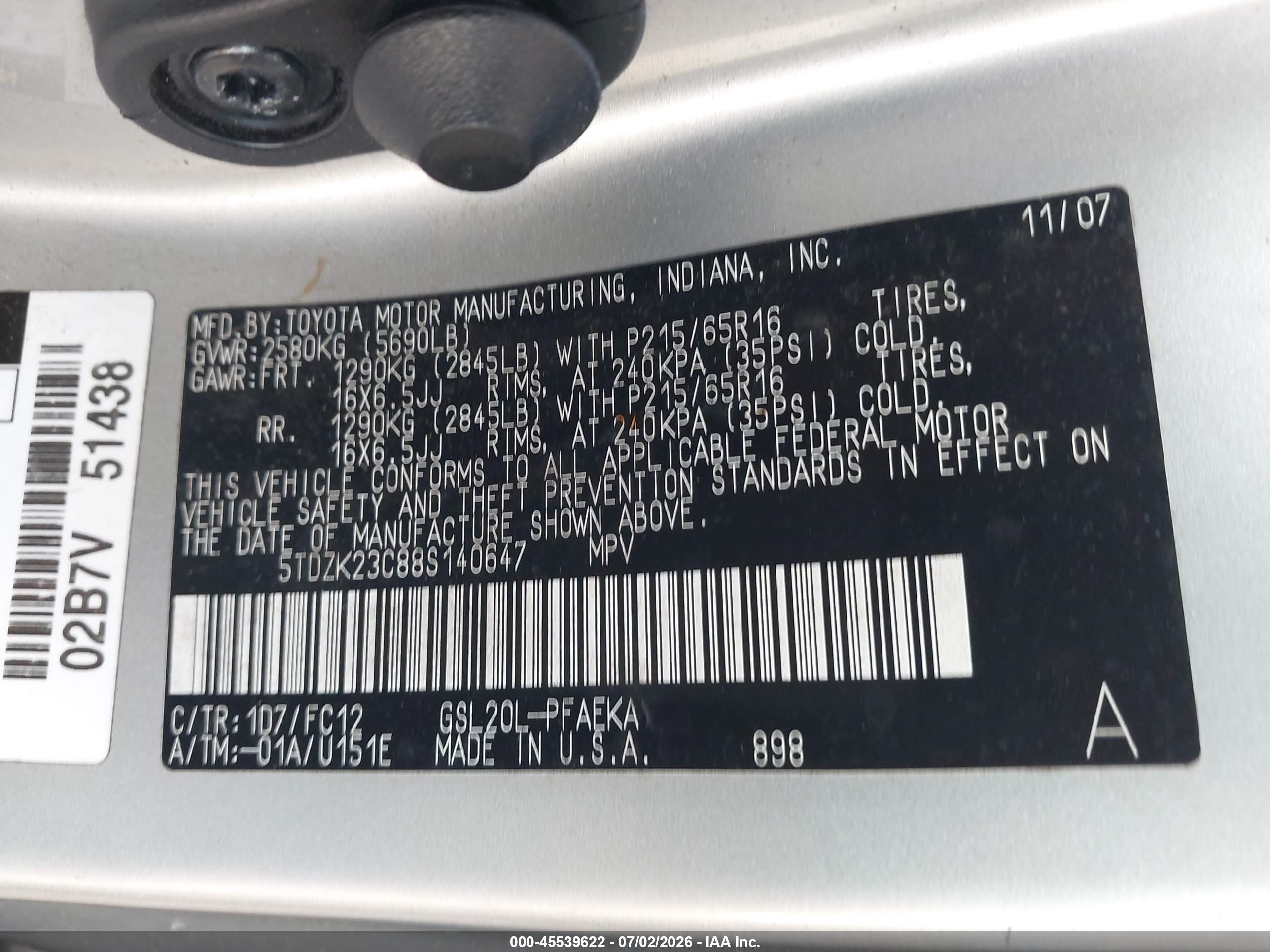 2008 Toyota Sienna Le Silver vin: 5TDZK23C88S140647