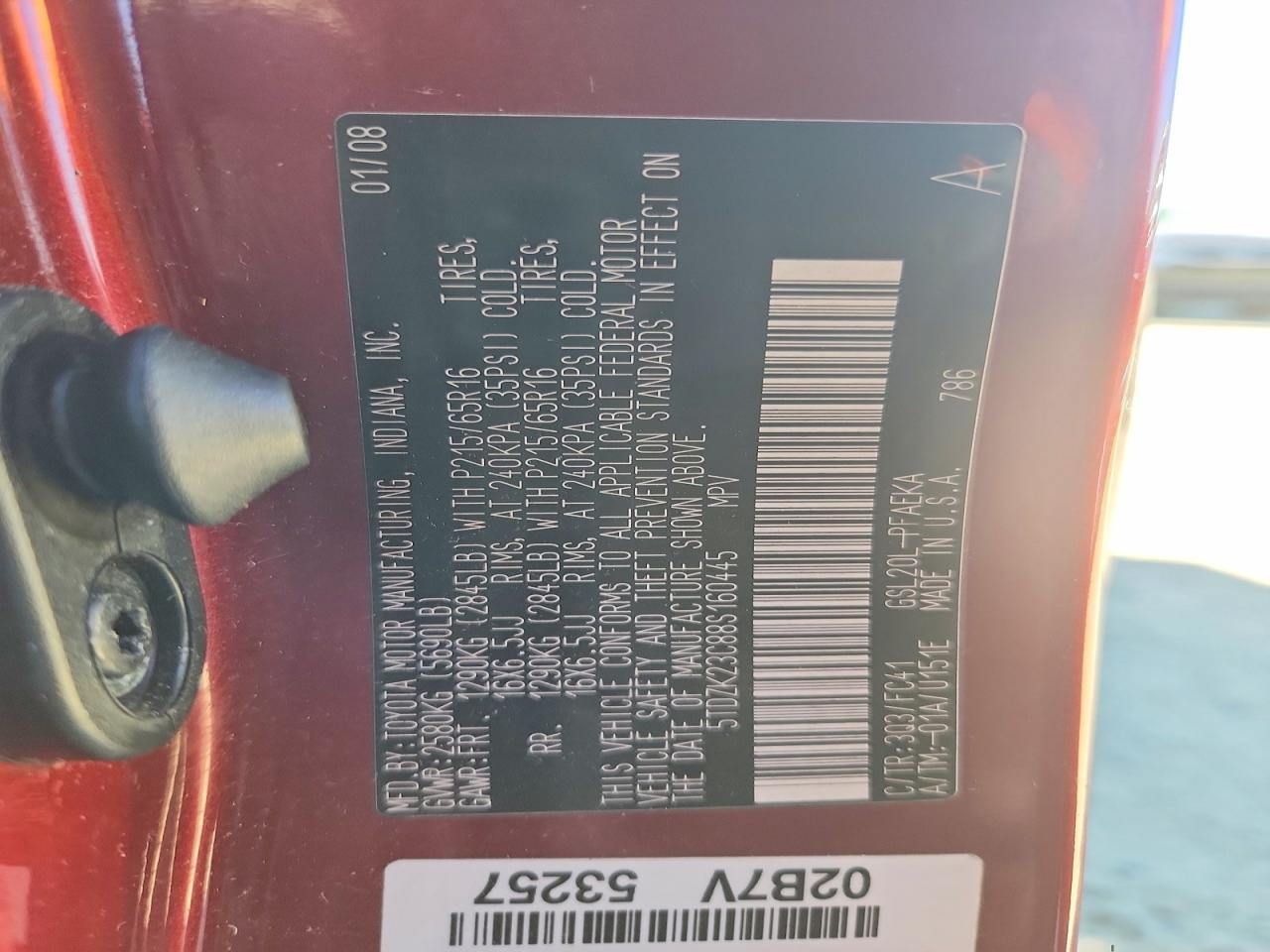 2008 Toyota Sienna Le 7-passenger Burgundy vin: 5TDZK23C88S160445