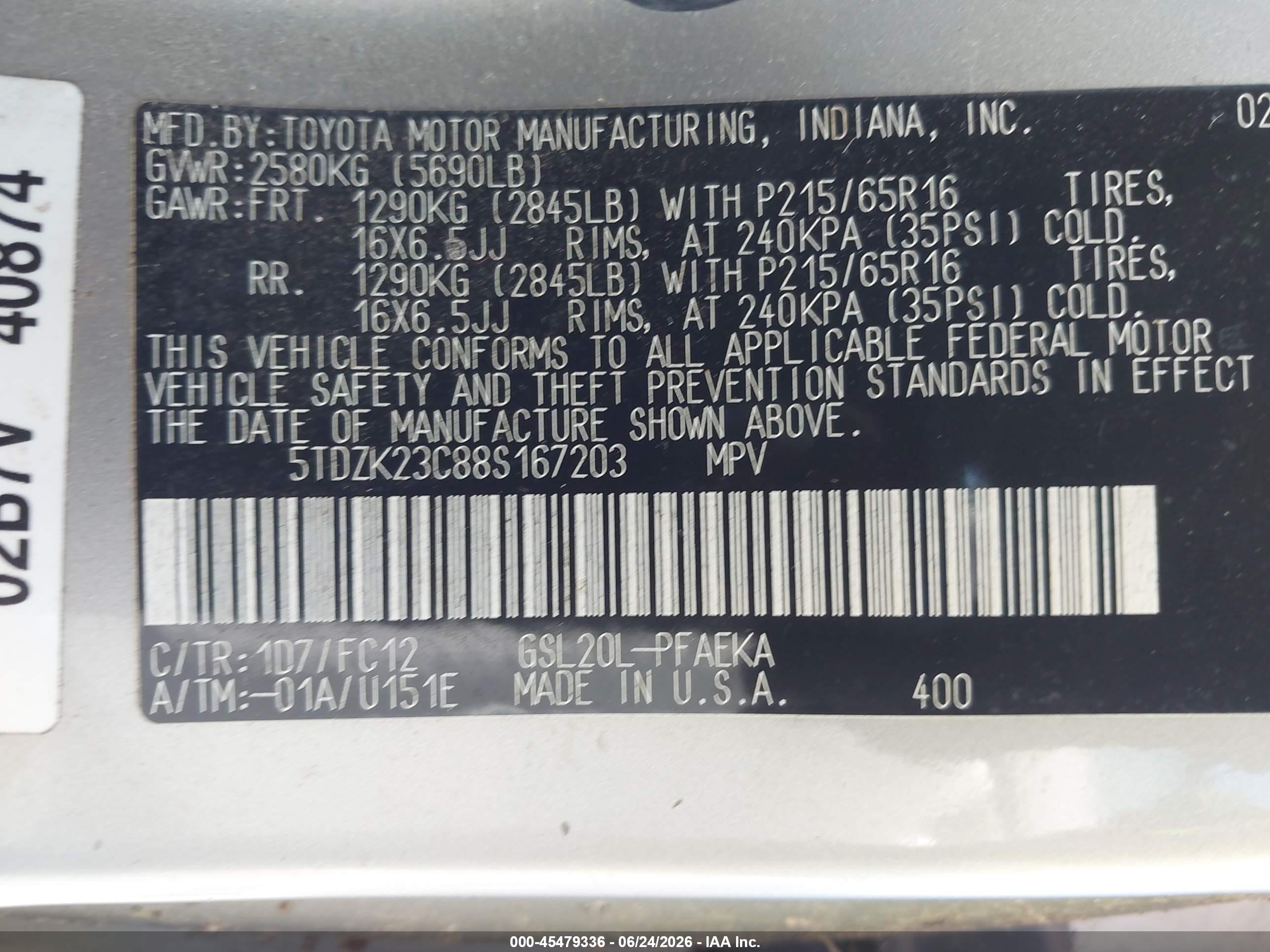 2008 Toyota Sienna Le Silver vin: 5TDZK23C88S167203