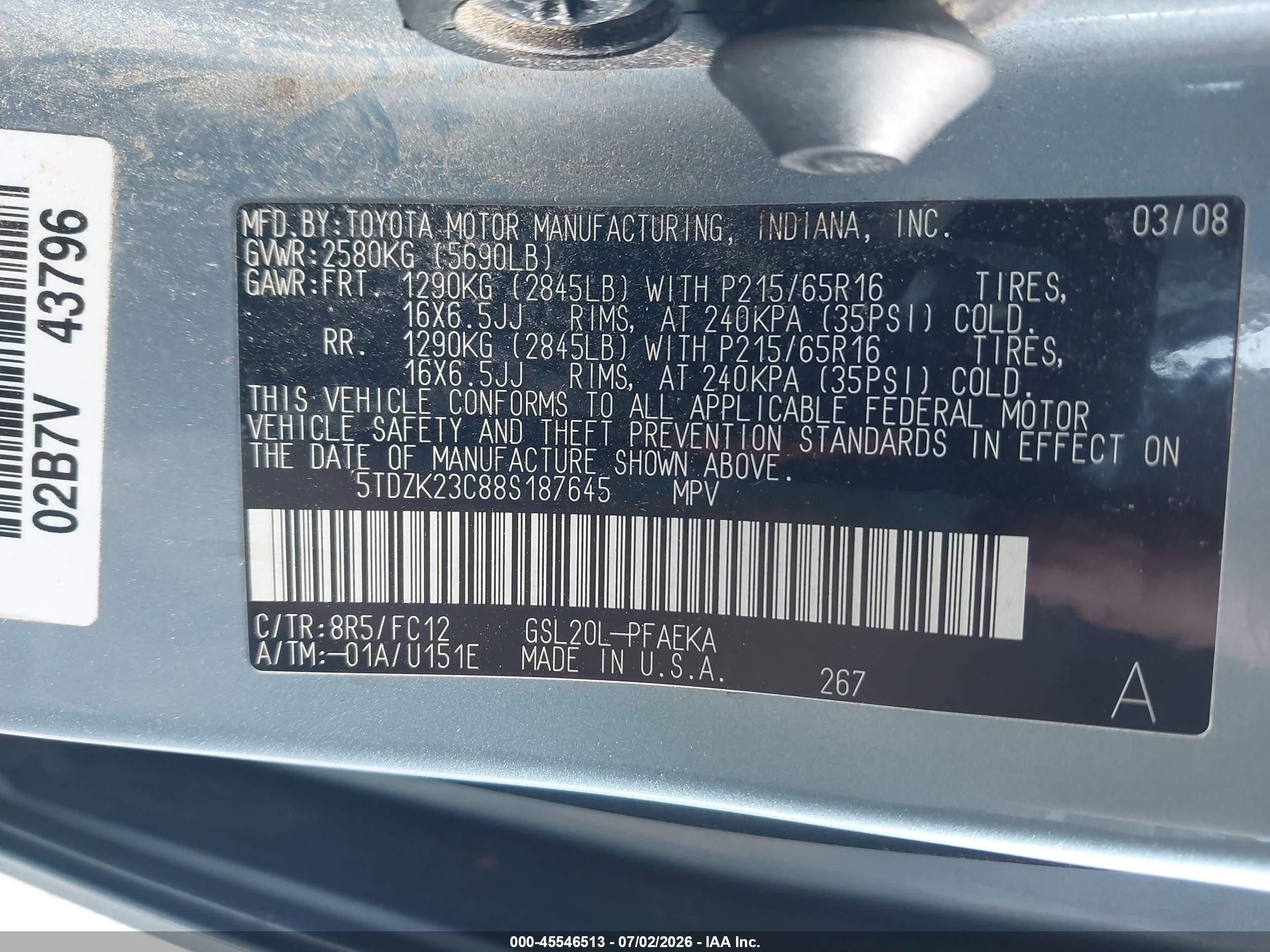 2008 Toyota Sienna Le Blue vin: 5TDZK23C88S187645