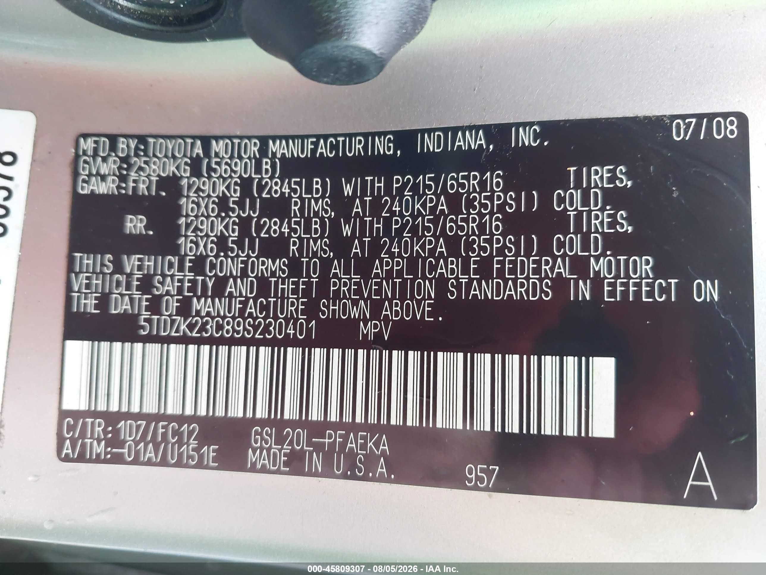 2009 Toyota Sienna Le Серый vin: 5TDZK23C89S230401