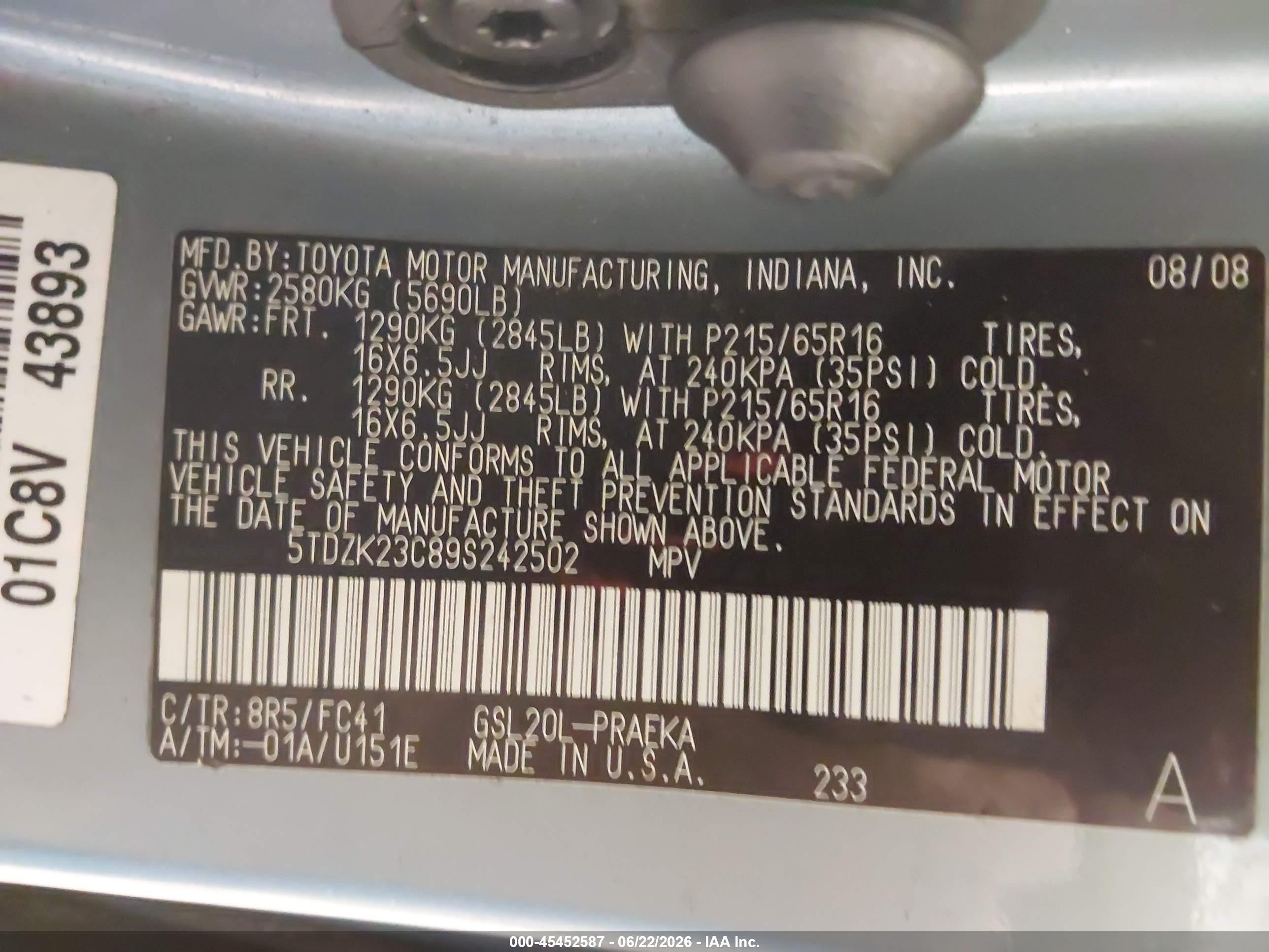 2009 Toyota Sienna Ce/le Blue vin: 5TDZK23C89S242502