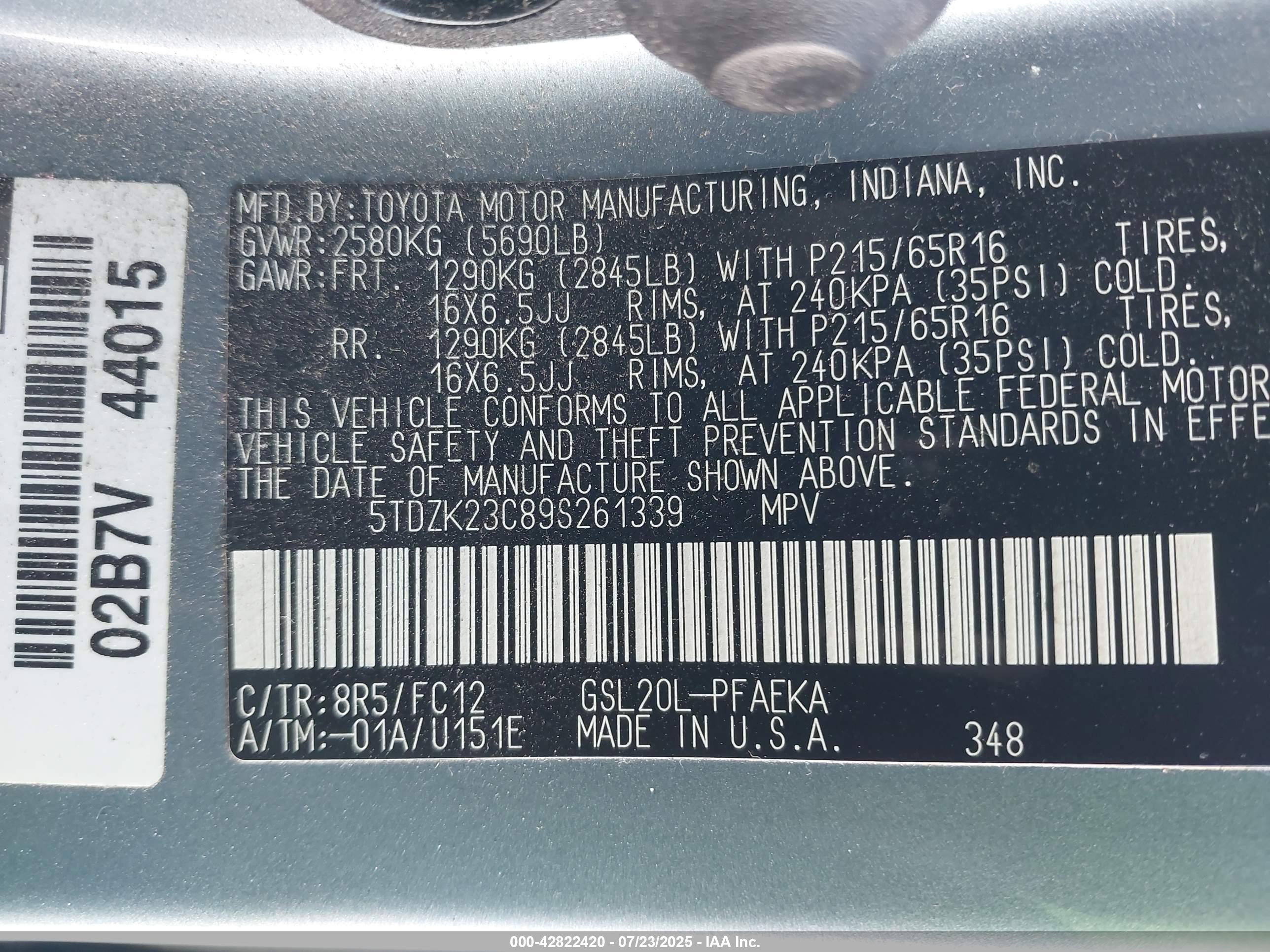 2009 Toyota Sienna Le Blue vin: 5TDZK23C89S261339