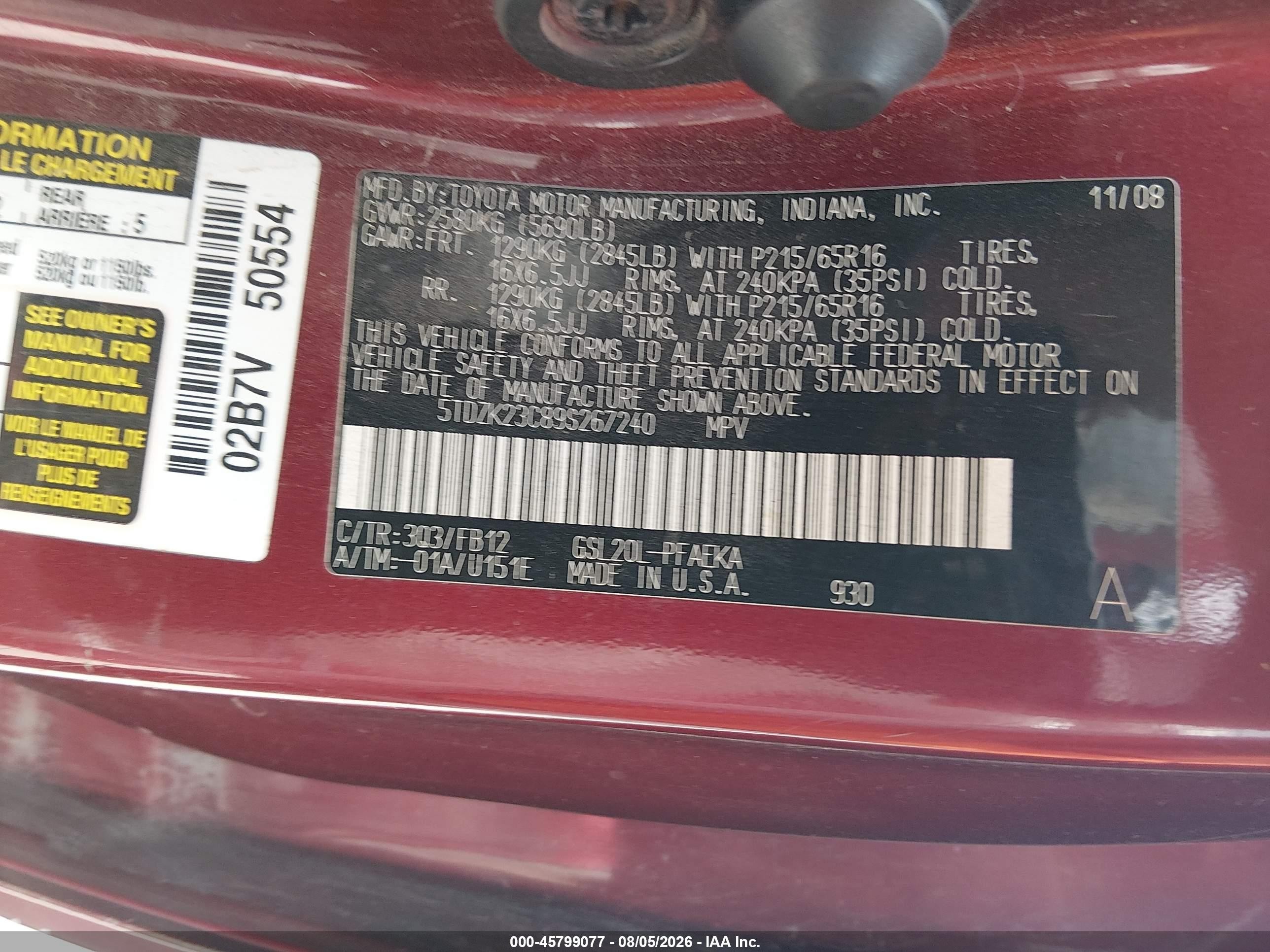 2009 Toyota Sienna Ce Maroon vin: 5TDZK23C89S267240
